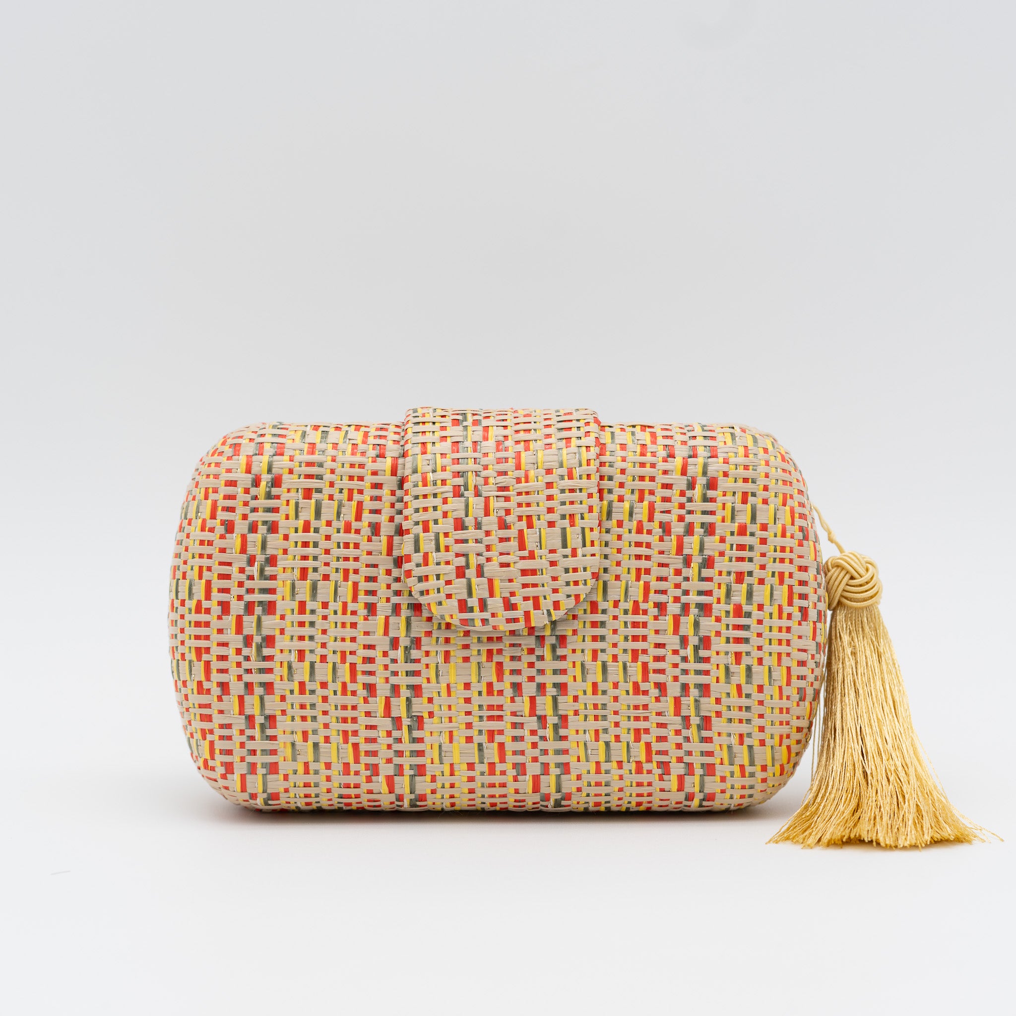 Clutch de fiesta en rafia multicolor naranja con solapa, borla lateral y cadena desmontable