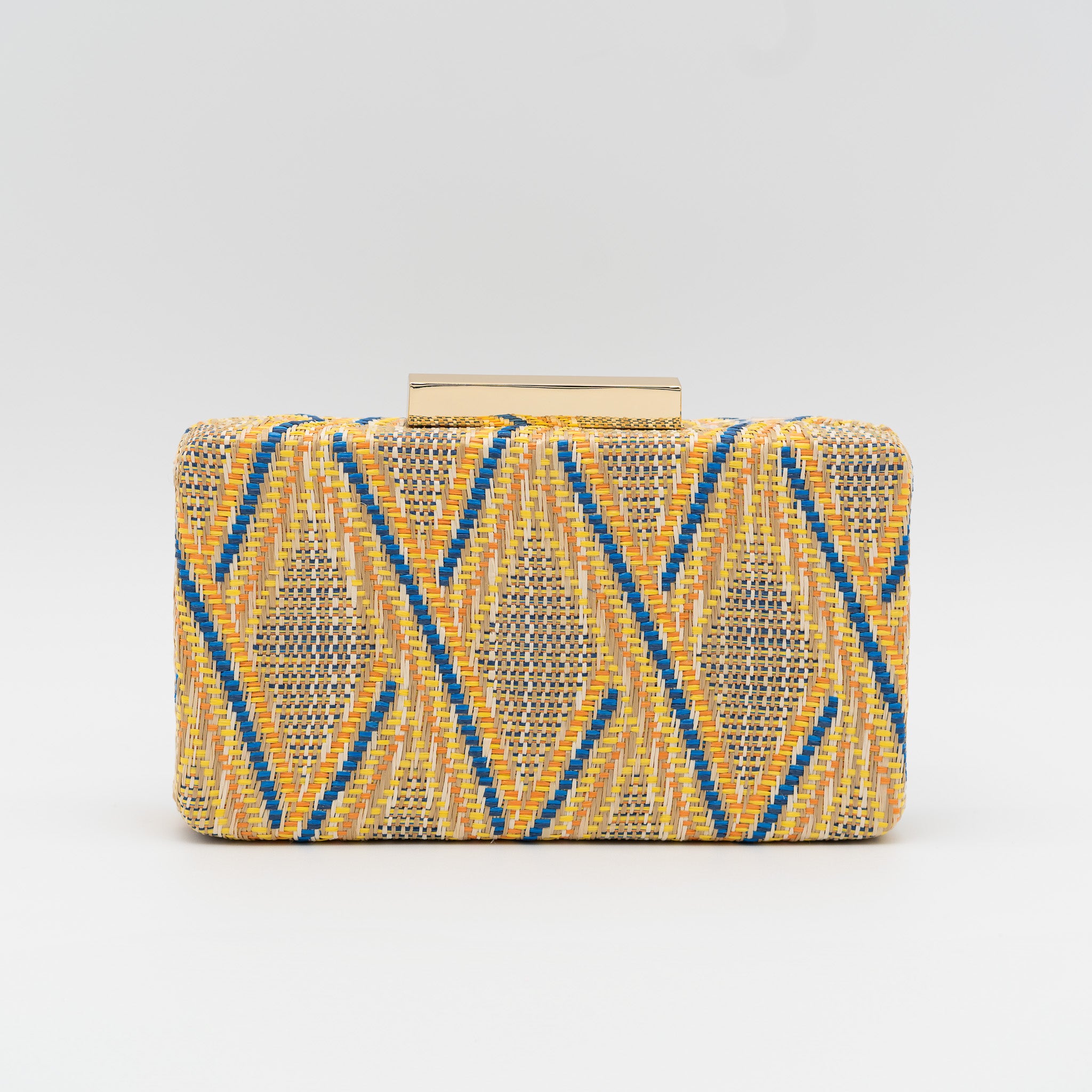 Bolso clutch de fiesta rectangular en rafia amarillo con diseño trenzado y cierre metálico