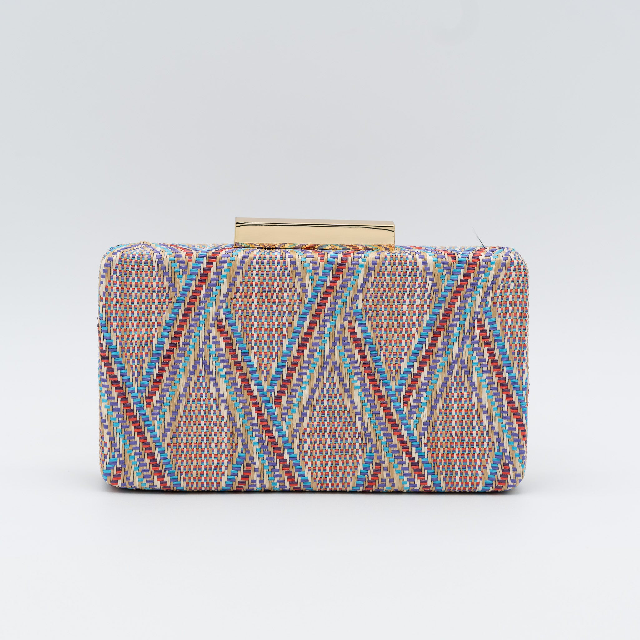 Bolso clutch de fiesta rectangular en rafia multicolor con diseño trenzado y cierre metálico