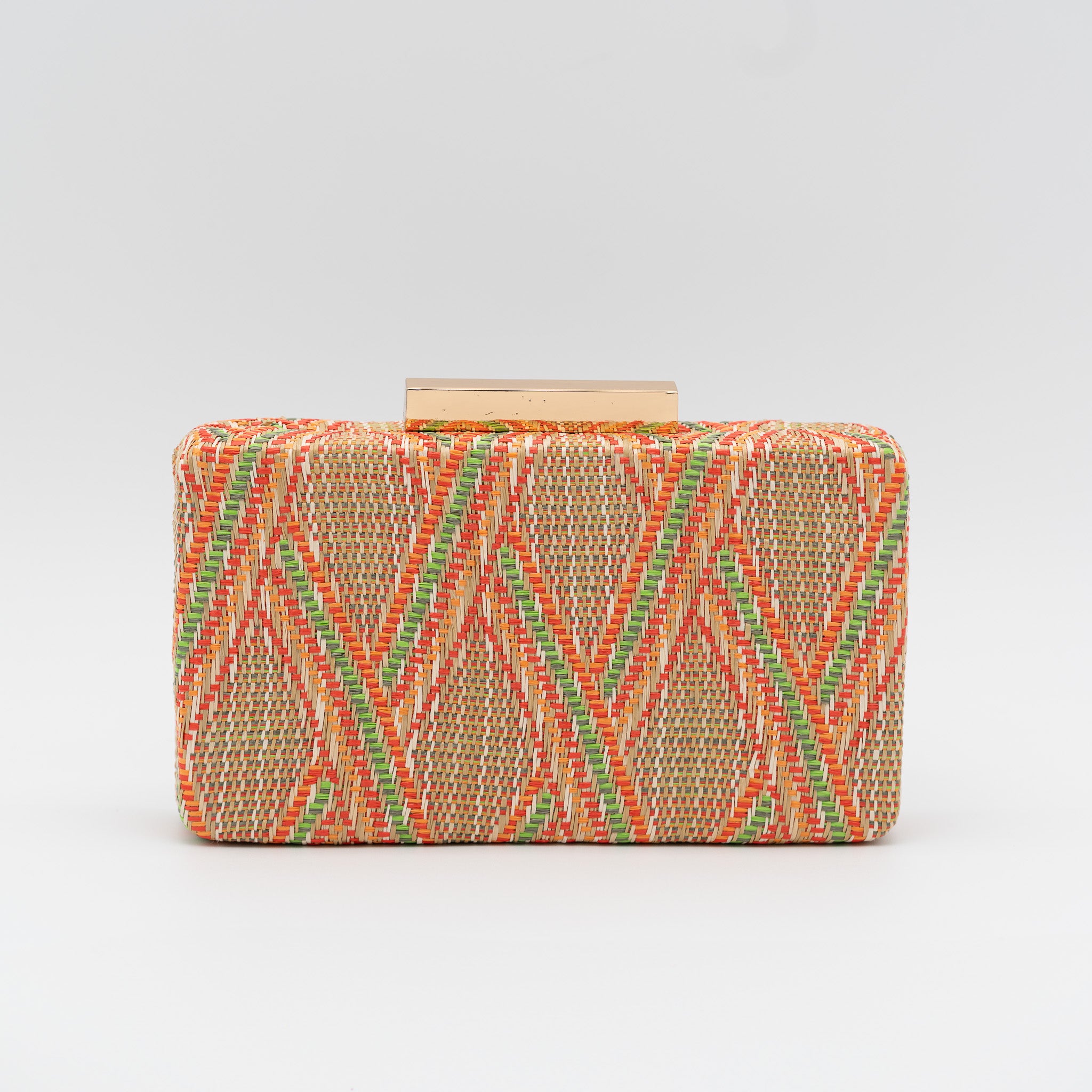 Bolso clutch de fiesta rectangular en rafia naranja con diseño trenzado y cierre metálico