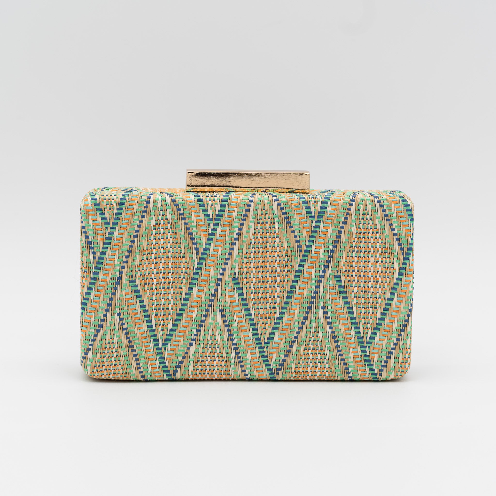 Bolso clutch de fiesta rectangular en rafia verde con diseño trenzado y cierre metálico