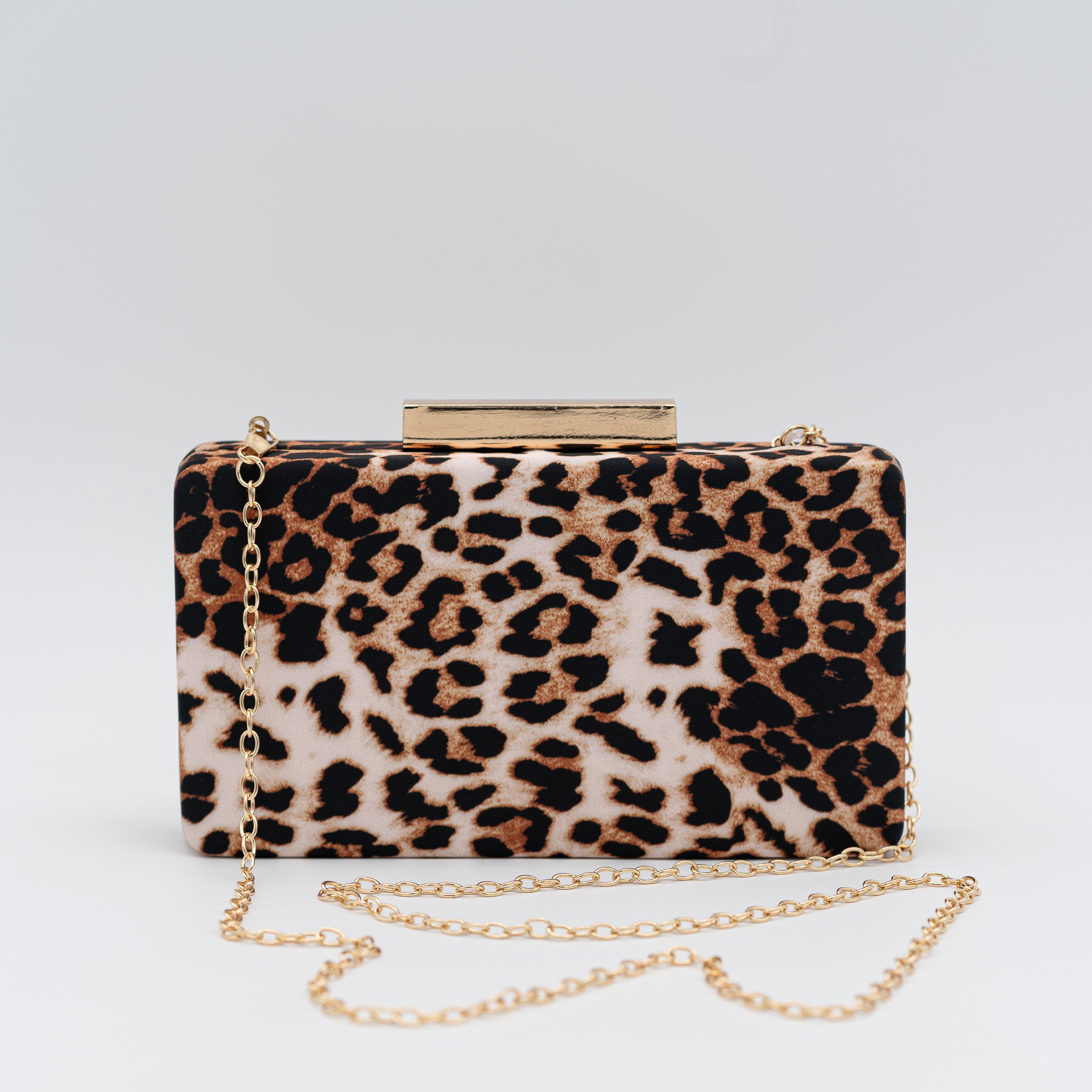 Bolso clutch de fiesta rectangular con estampado de leopardo y cierre dorado, con cadena desmontable