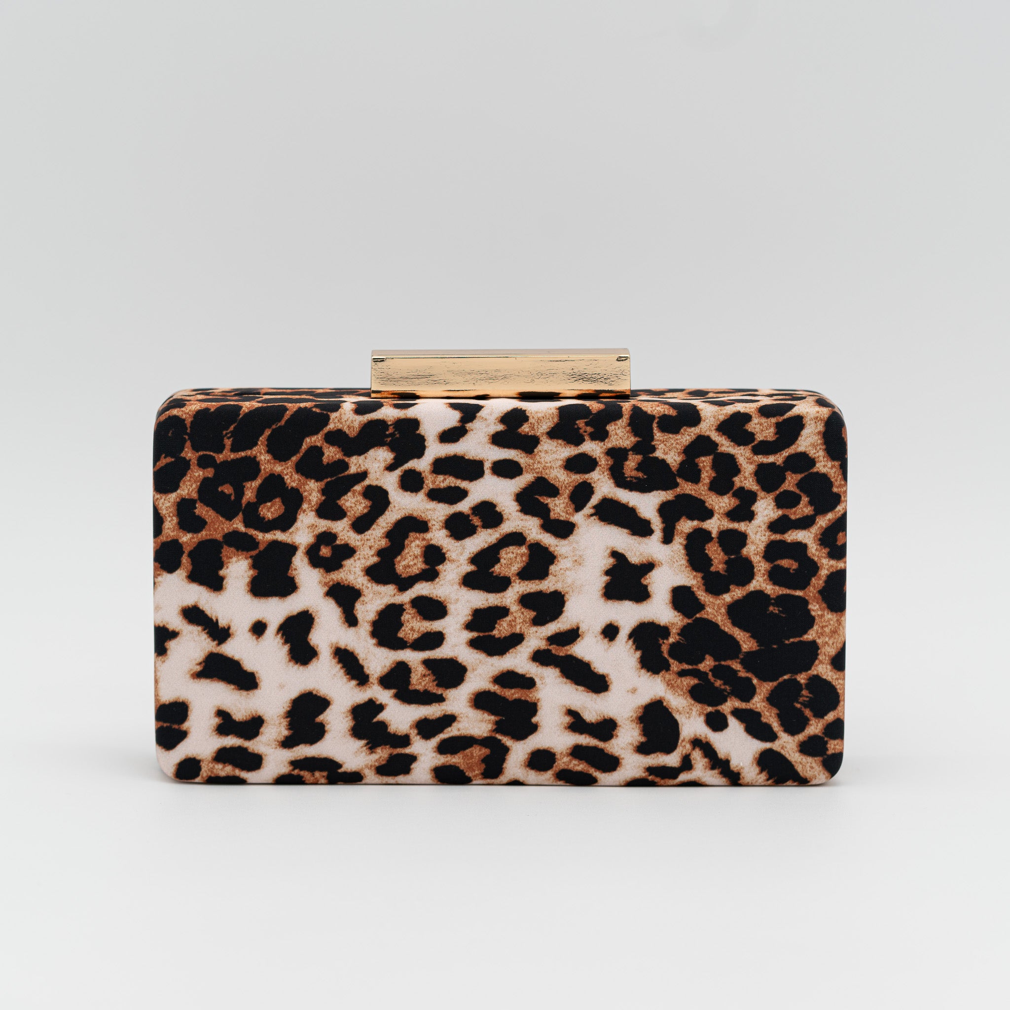 Bolso clutch de fiesta rectangular con estampado de leopardo y cierre dorado, con cadena desmontable