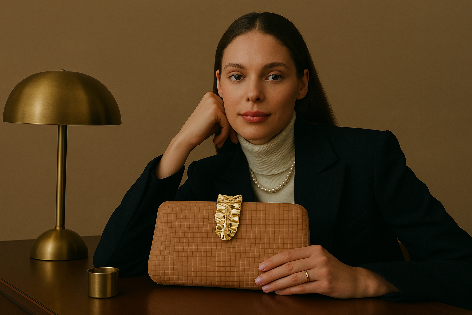 Foto de modelo con clutch de fiesta polipiel camel con textura cuadriculada y broche metálico