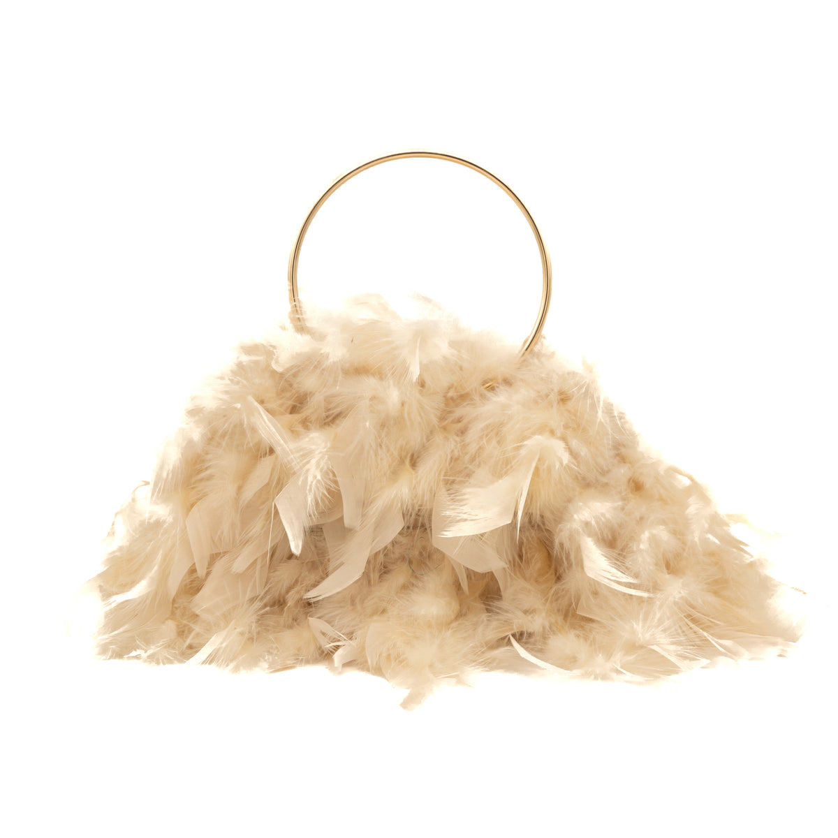 Bolso de mano de plumas oro con asas de aro metálico