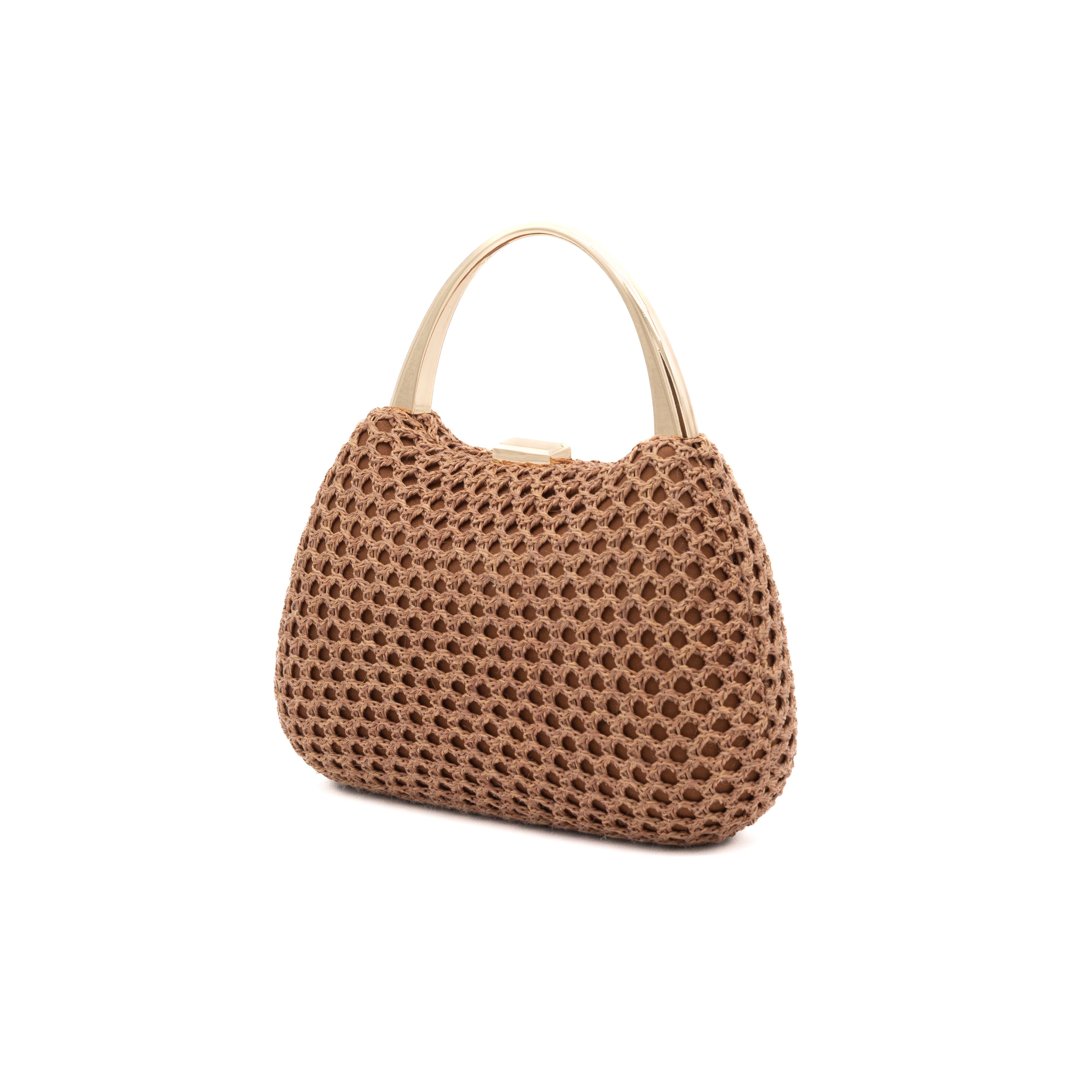 Bolso de mano rígido con exterior de red café y asa metálica
