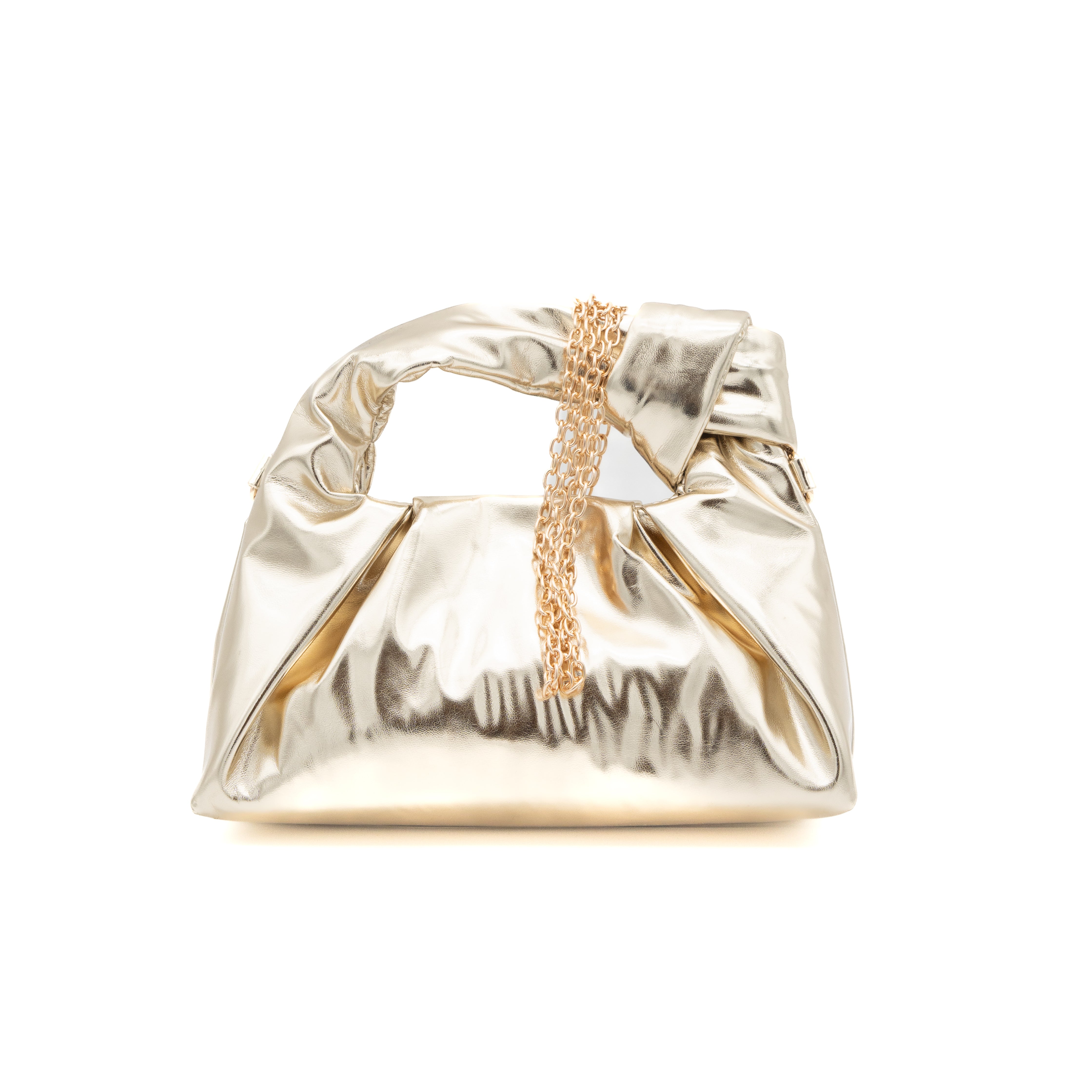 Bolso de mano metalizado oro con asa de nudo y fruncido