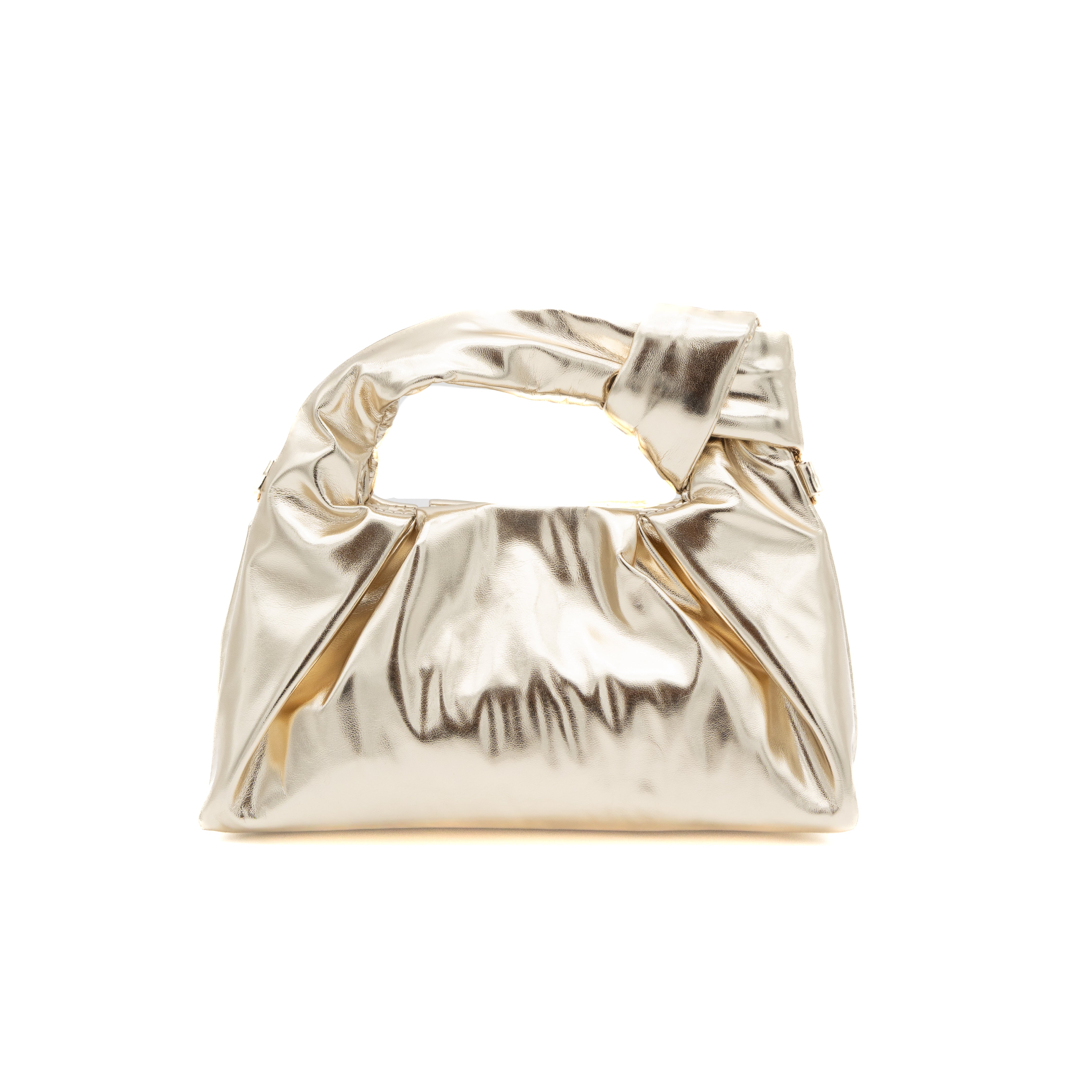 Bolso de mano metalizado oro con asa de nudo y fruncido