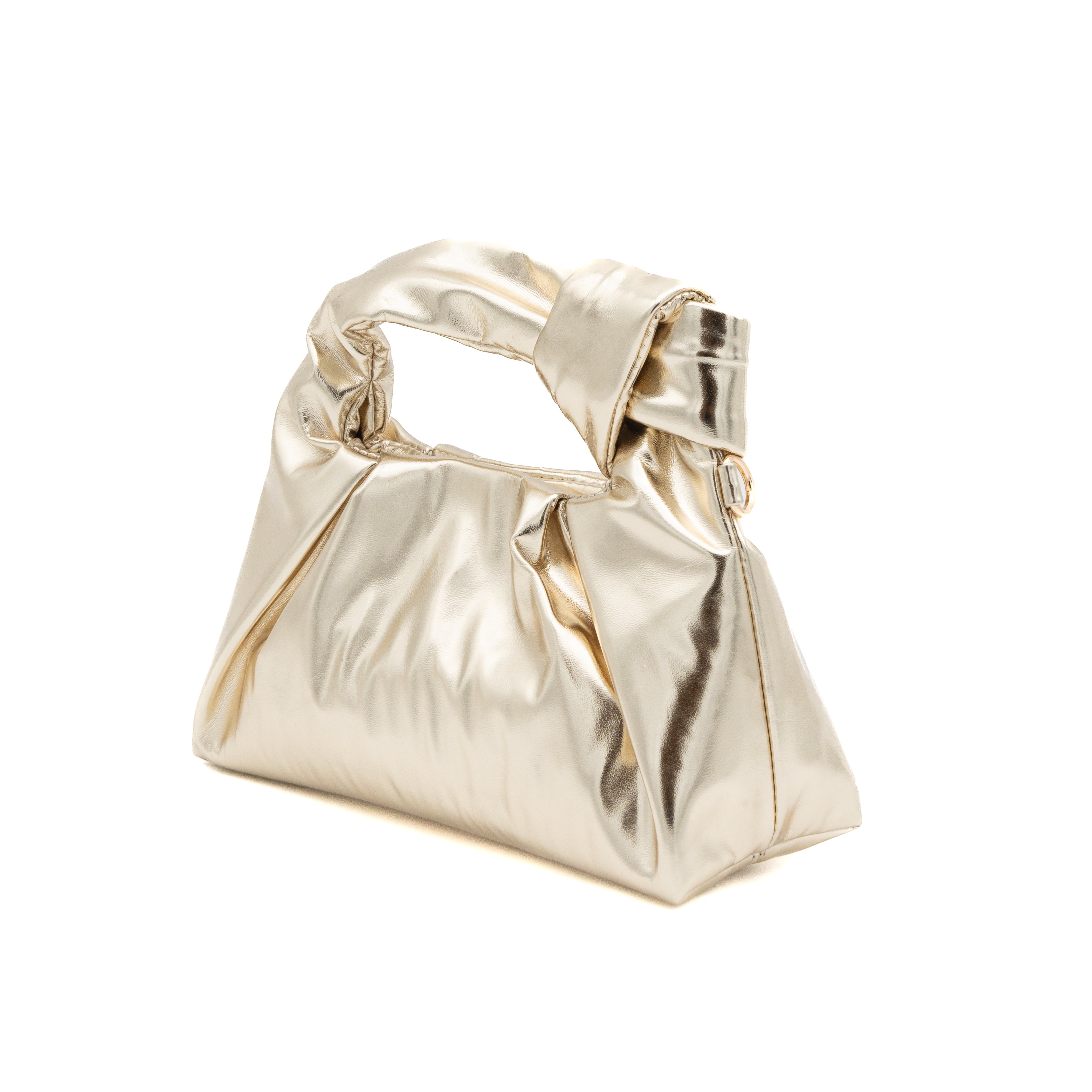 Bolso de mano metalizado oro con asa de nudo y fruncido