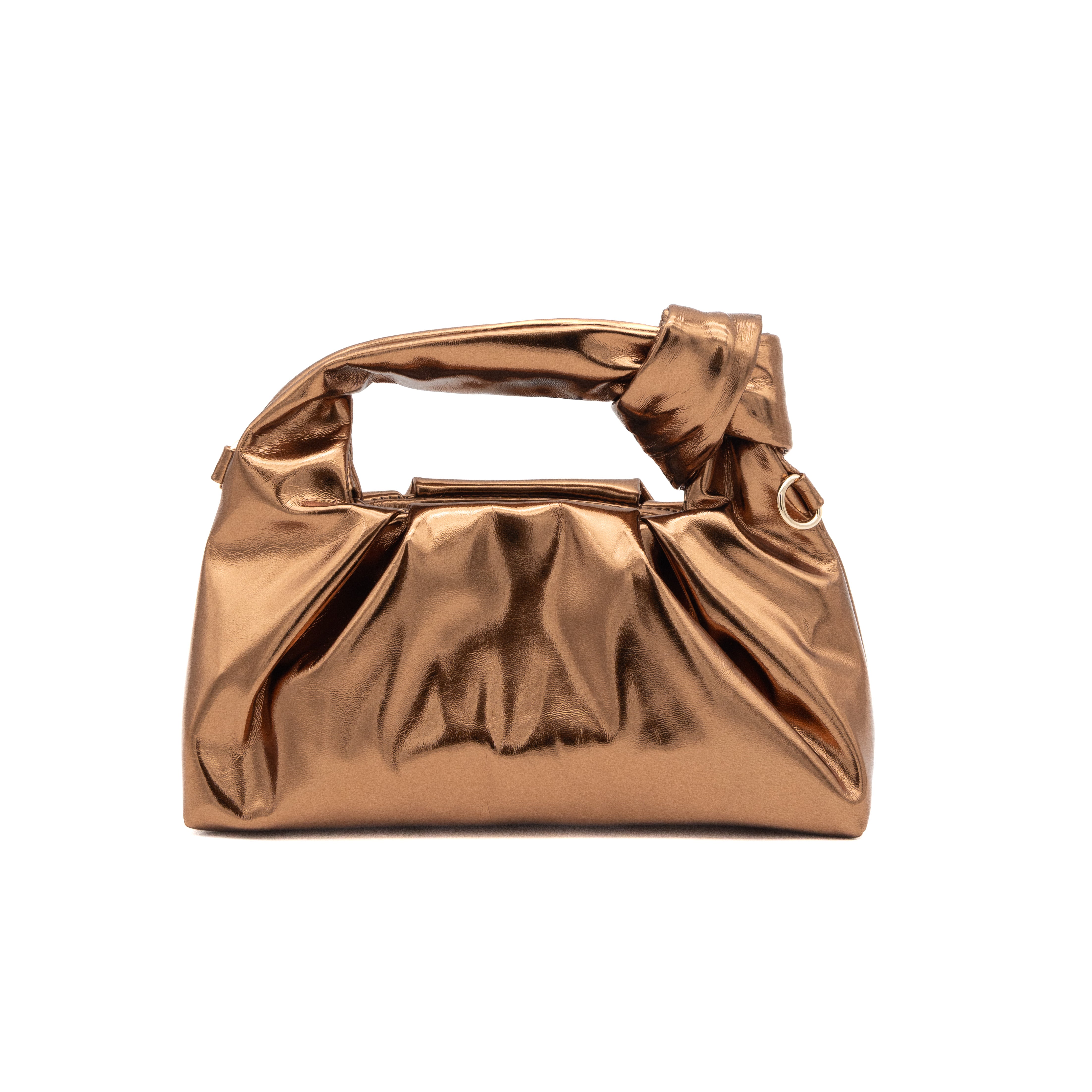 Bolso de mano metalizado bronce con asa de nudo y fruncido