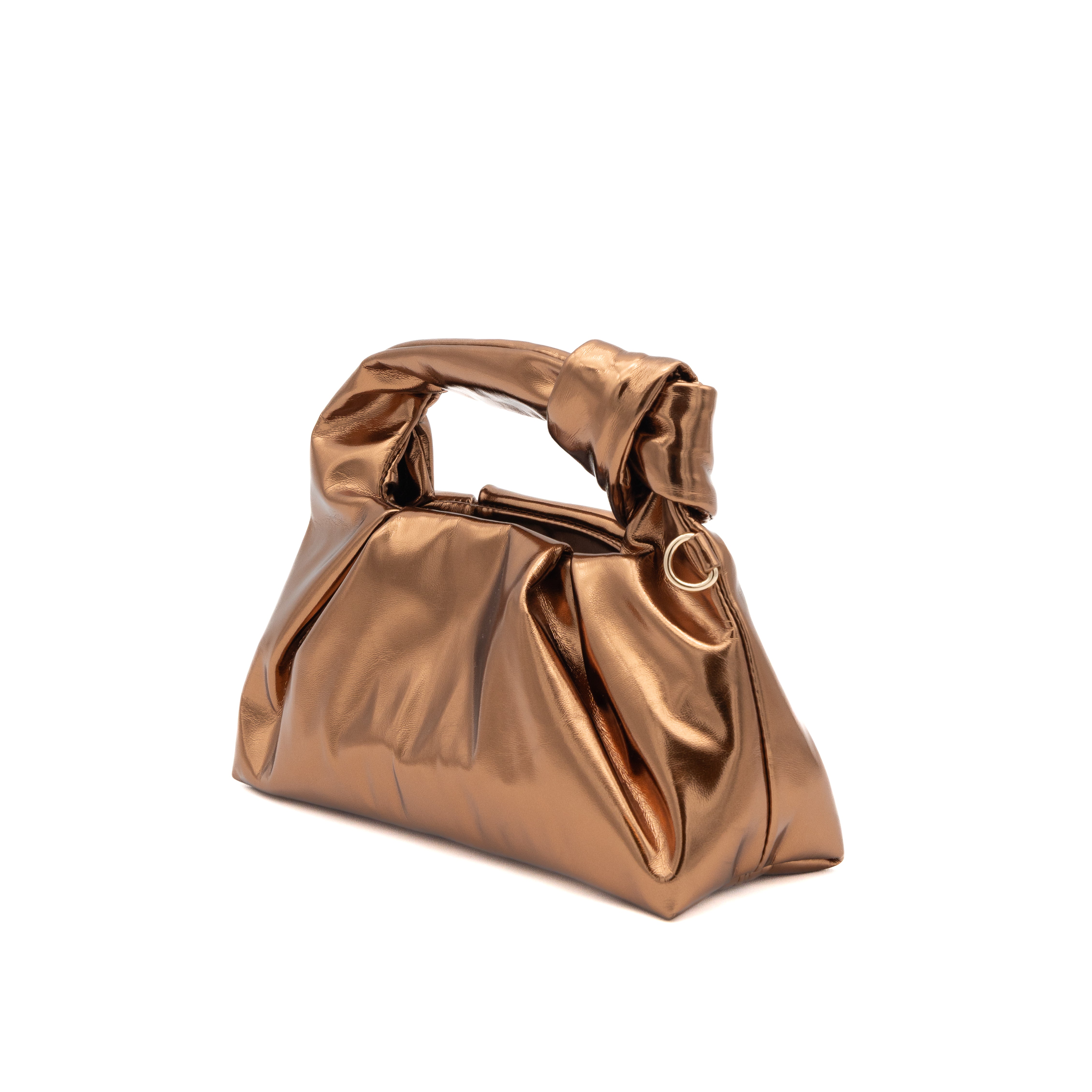Bolso de mano metalizado bronce con asa de nudo y fruncido