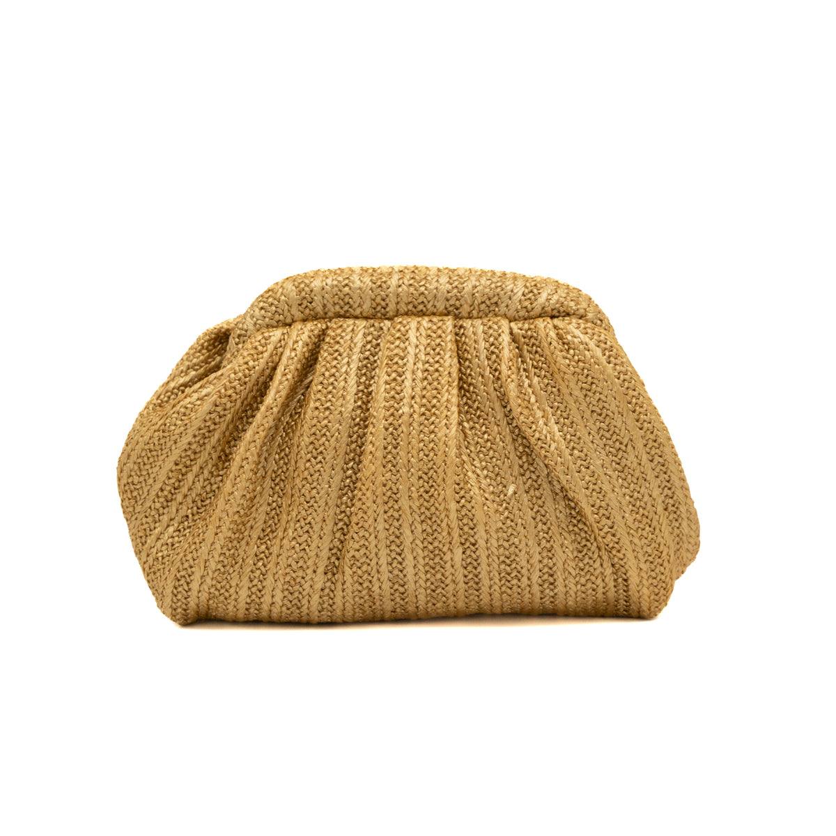 Bolso de mano de rafia oro fruncido con textura en espiga