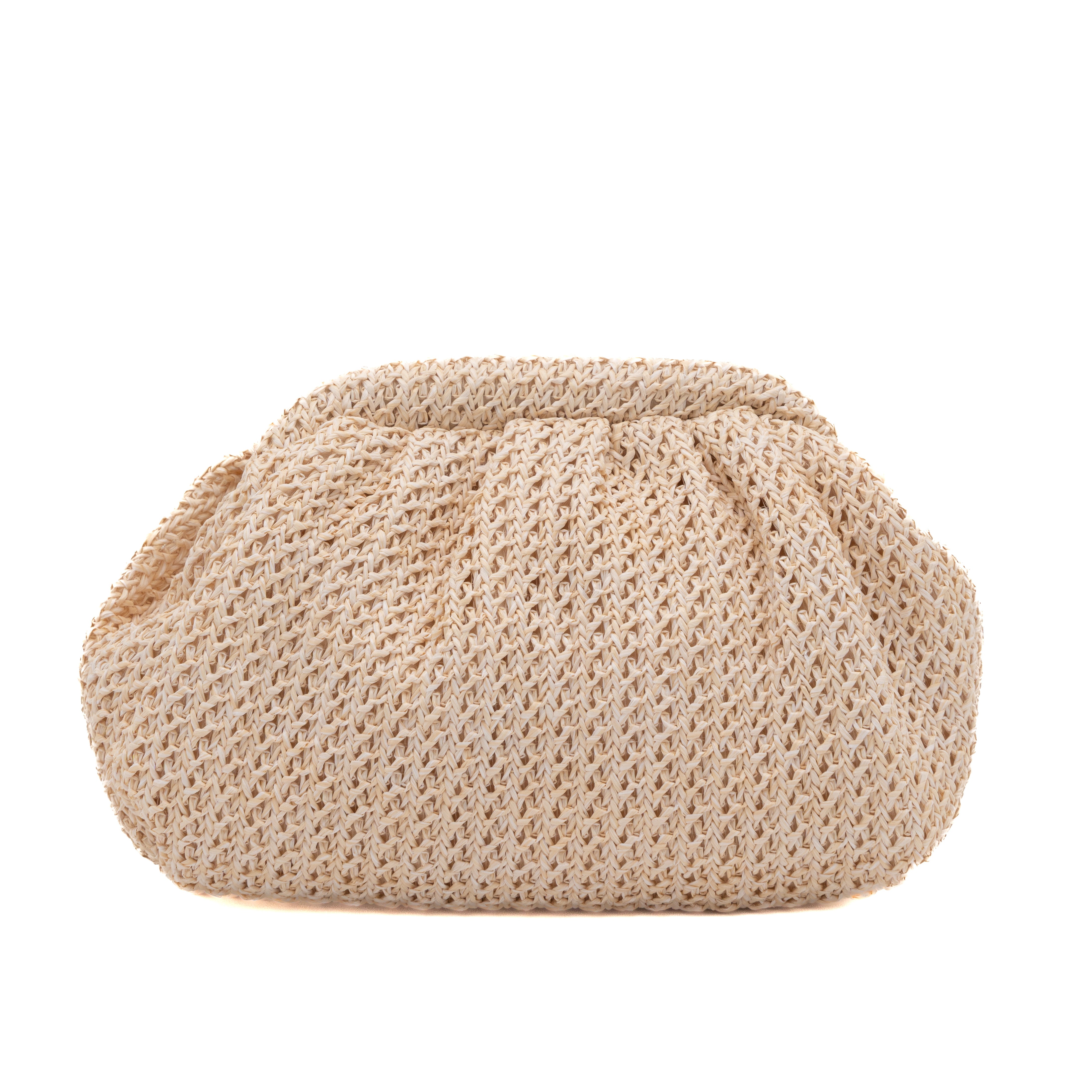 Bolso de mano de rafia beige con diseño fruncido