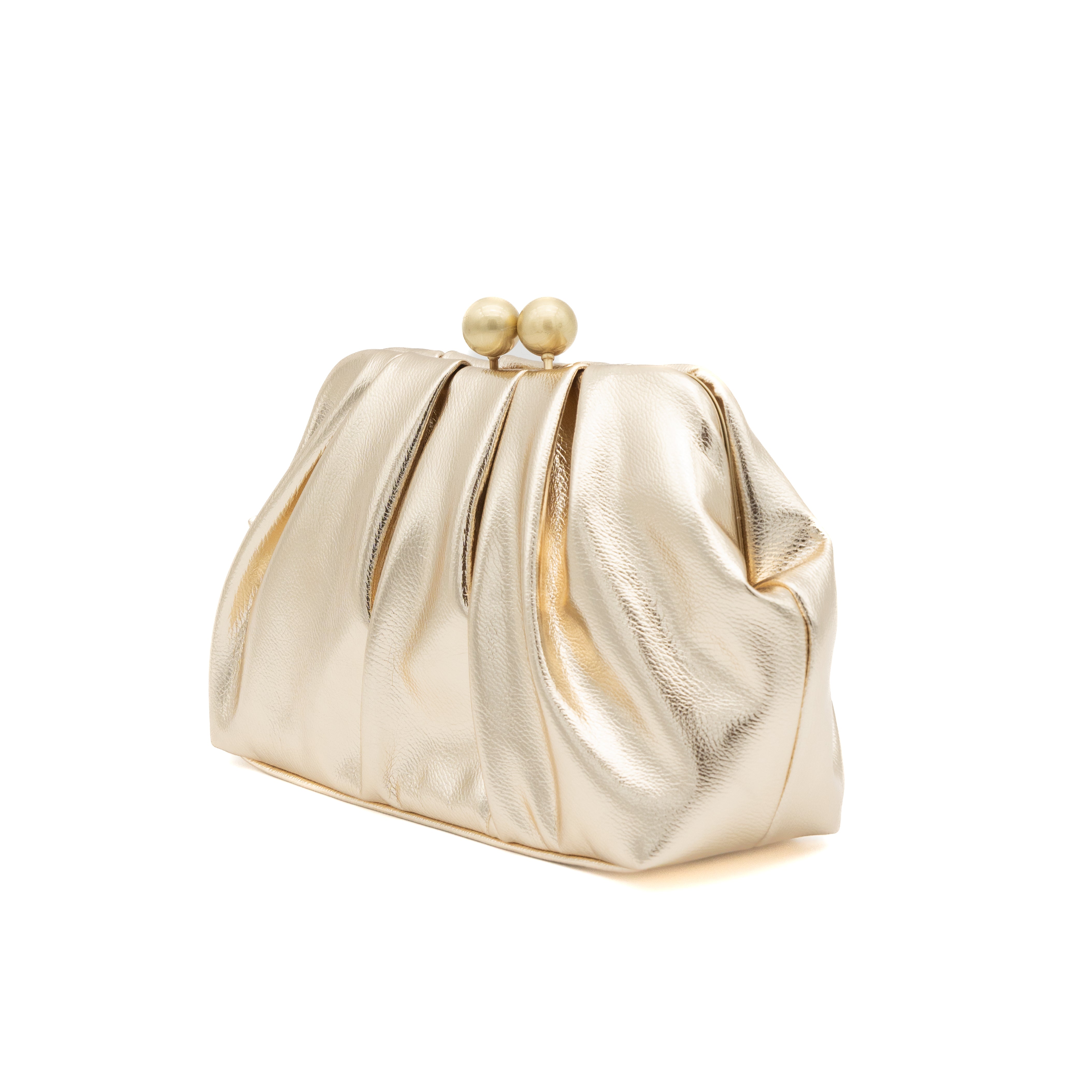 Bolso clutch de fiesta fruncido metalizado oro con cierre de bolas