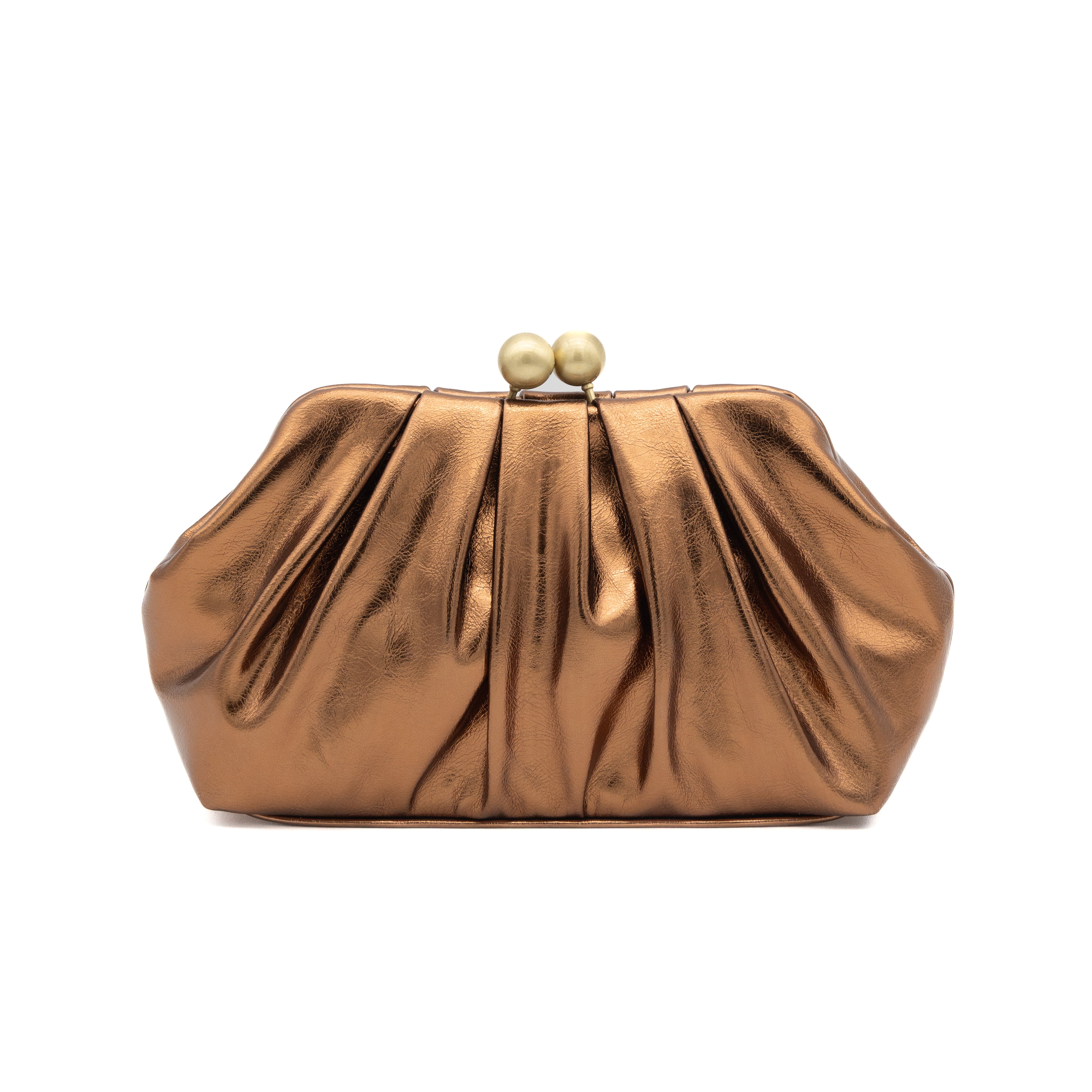 Bolso clutch de fiesta fruncido metalizado bronce con cierre de bolas