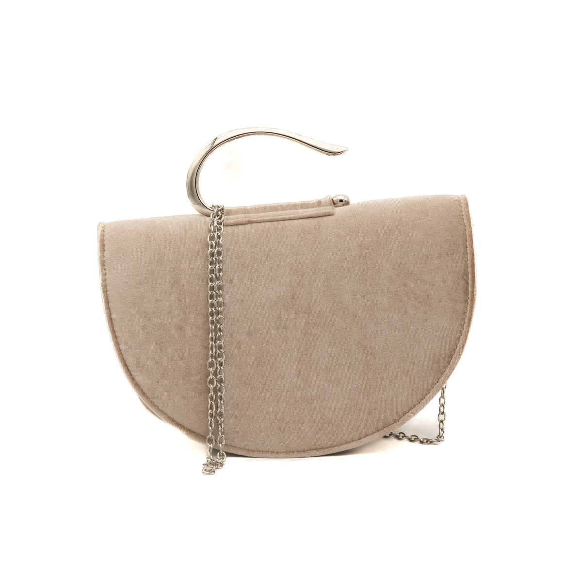 Bolso de mano de antelina taupe en forma de media luna con asa metálica