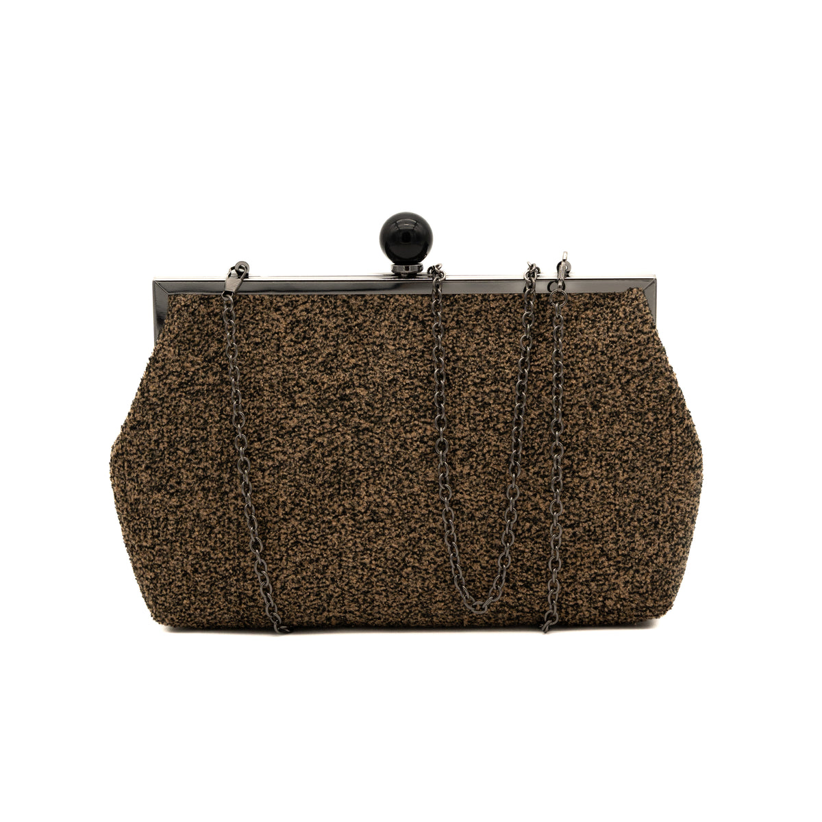 Bolso clutch de tejido bouclé camel con cierre de boquilla