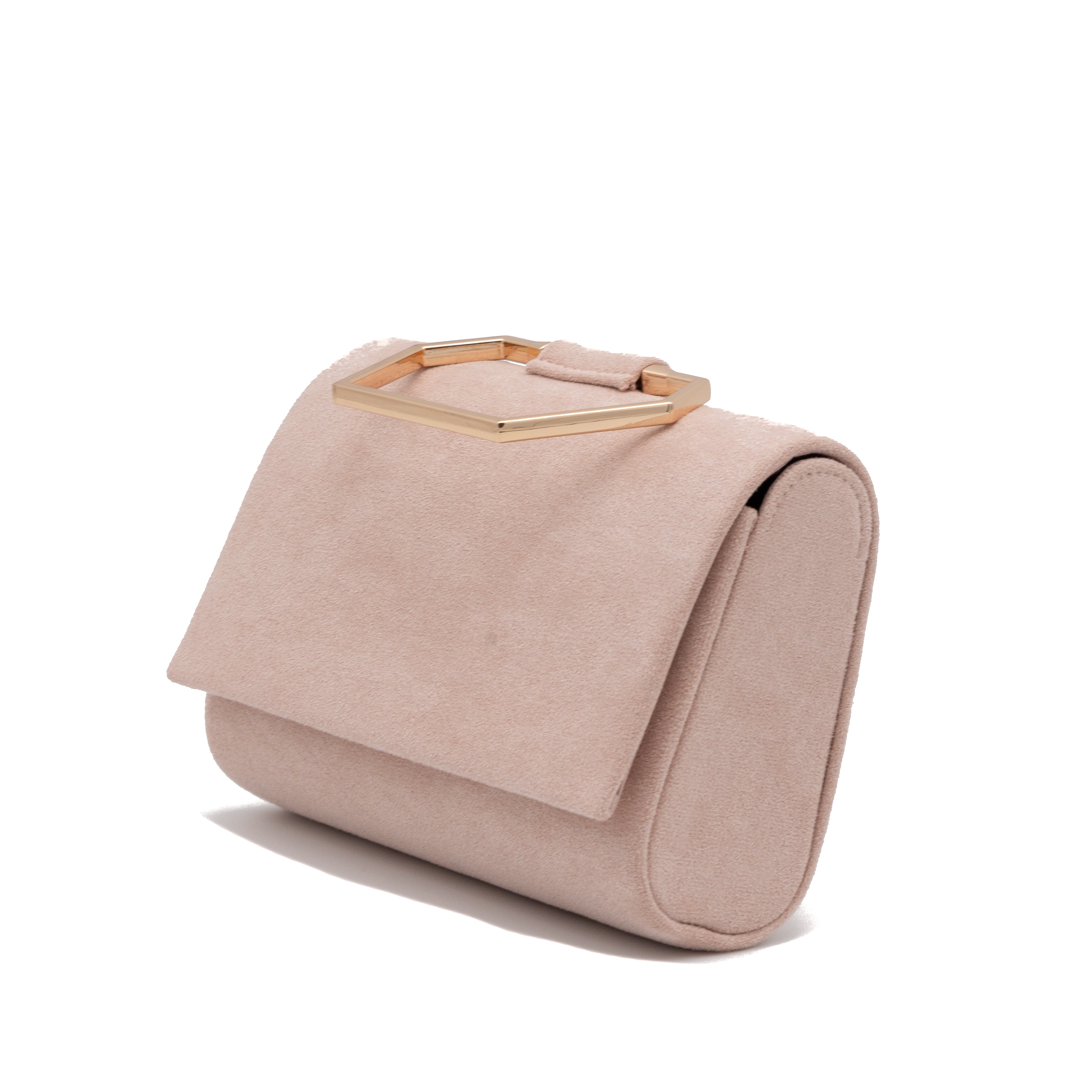 Bolso de mano de antelina rosa palo con asa geométrica metálica