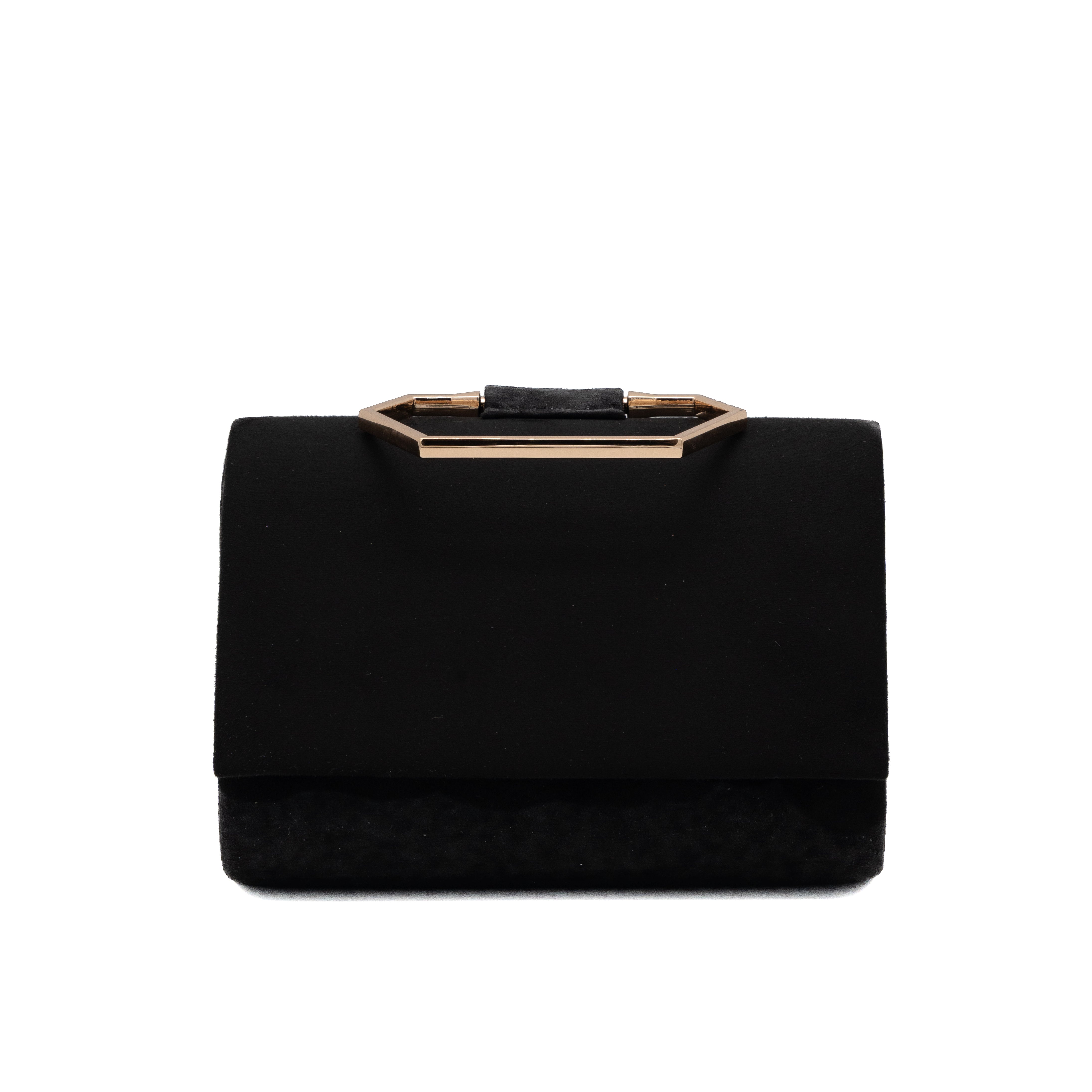 Bolso de mano de antelina negro con asa geométrica metálica