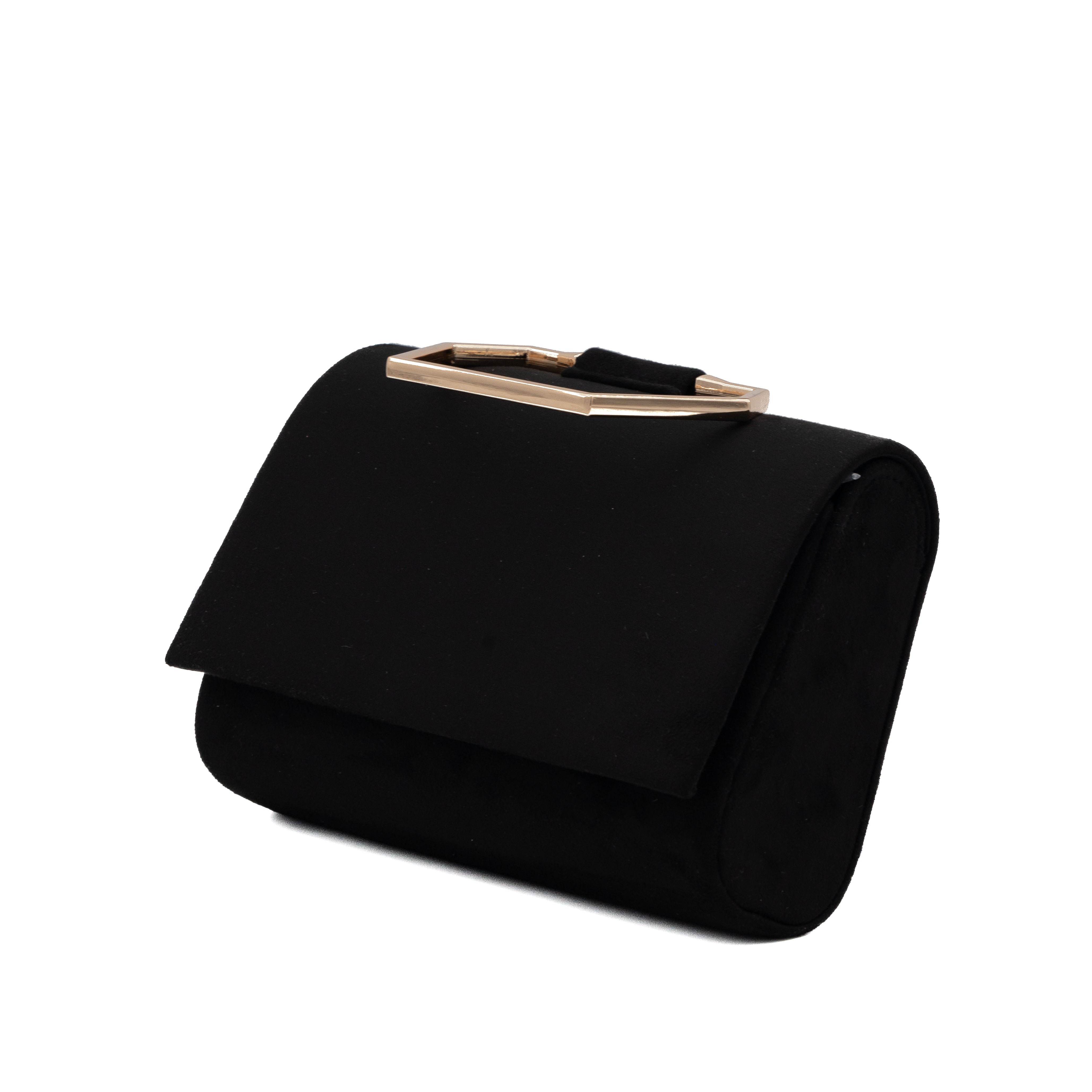 Bolso de mano de antelina negro con asa geométrica metálica