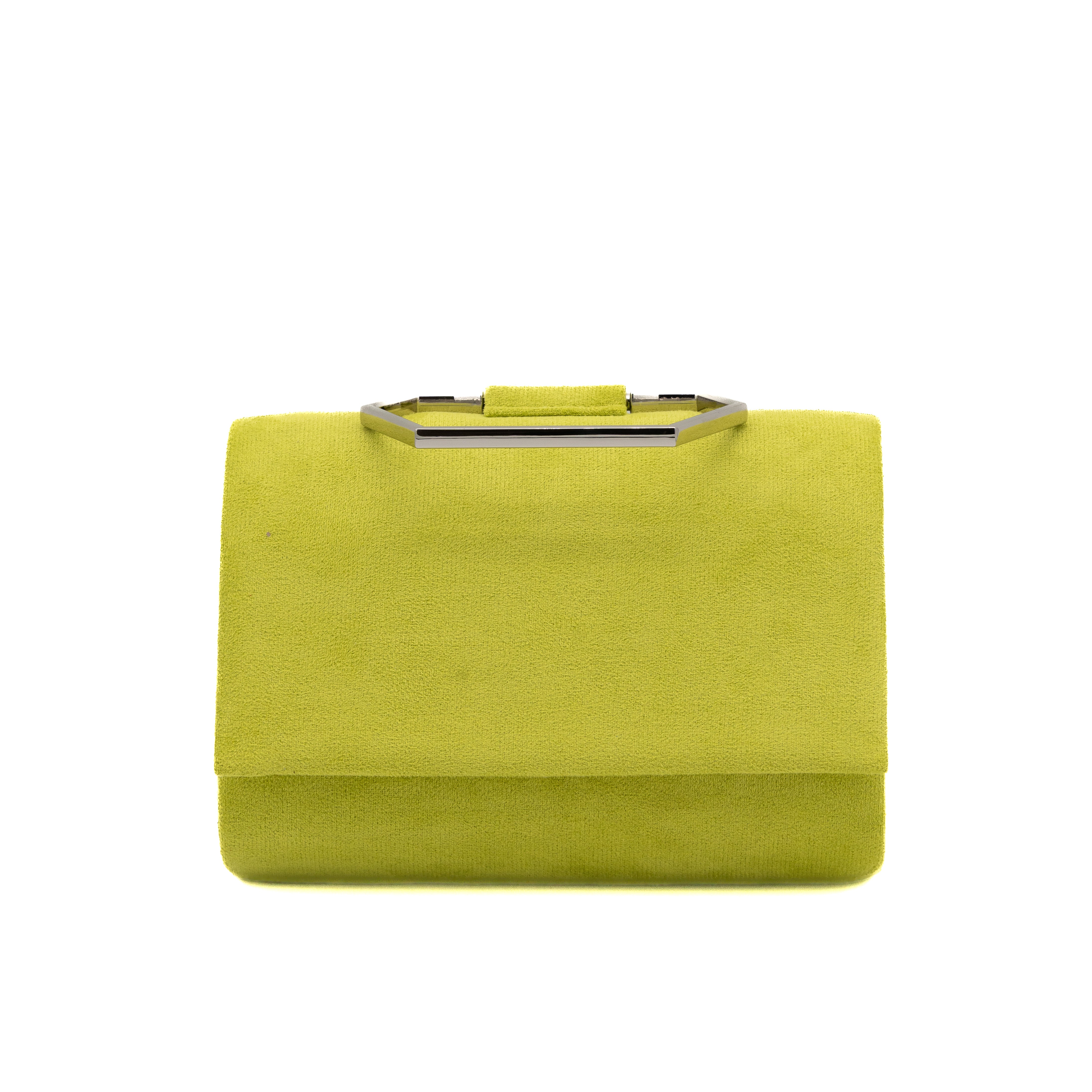Bolso de mano de antelina lima con asa geométrica metálica