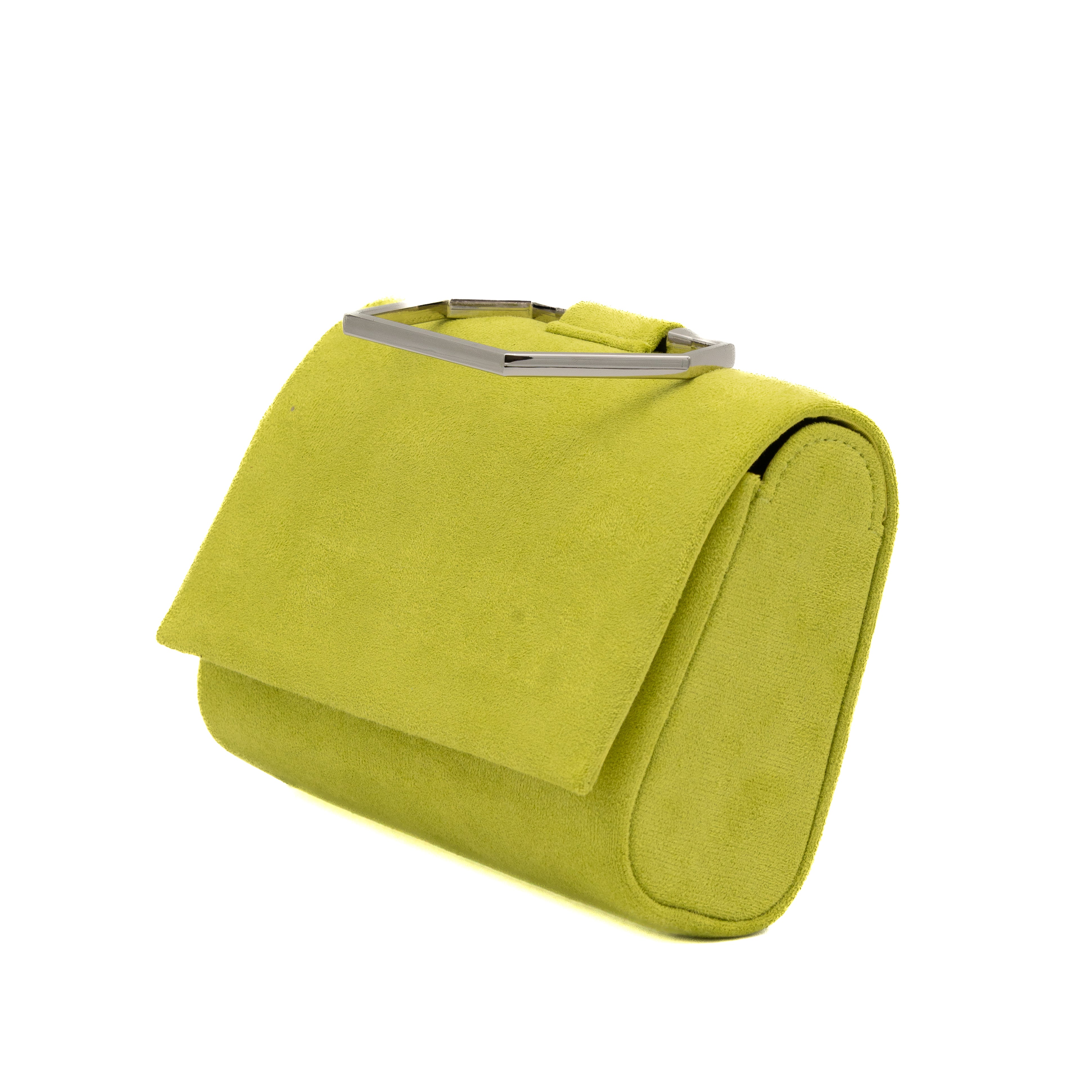 Bolso de mano de antelina lima con asa geométrica metálica