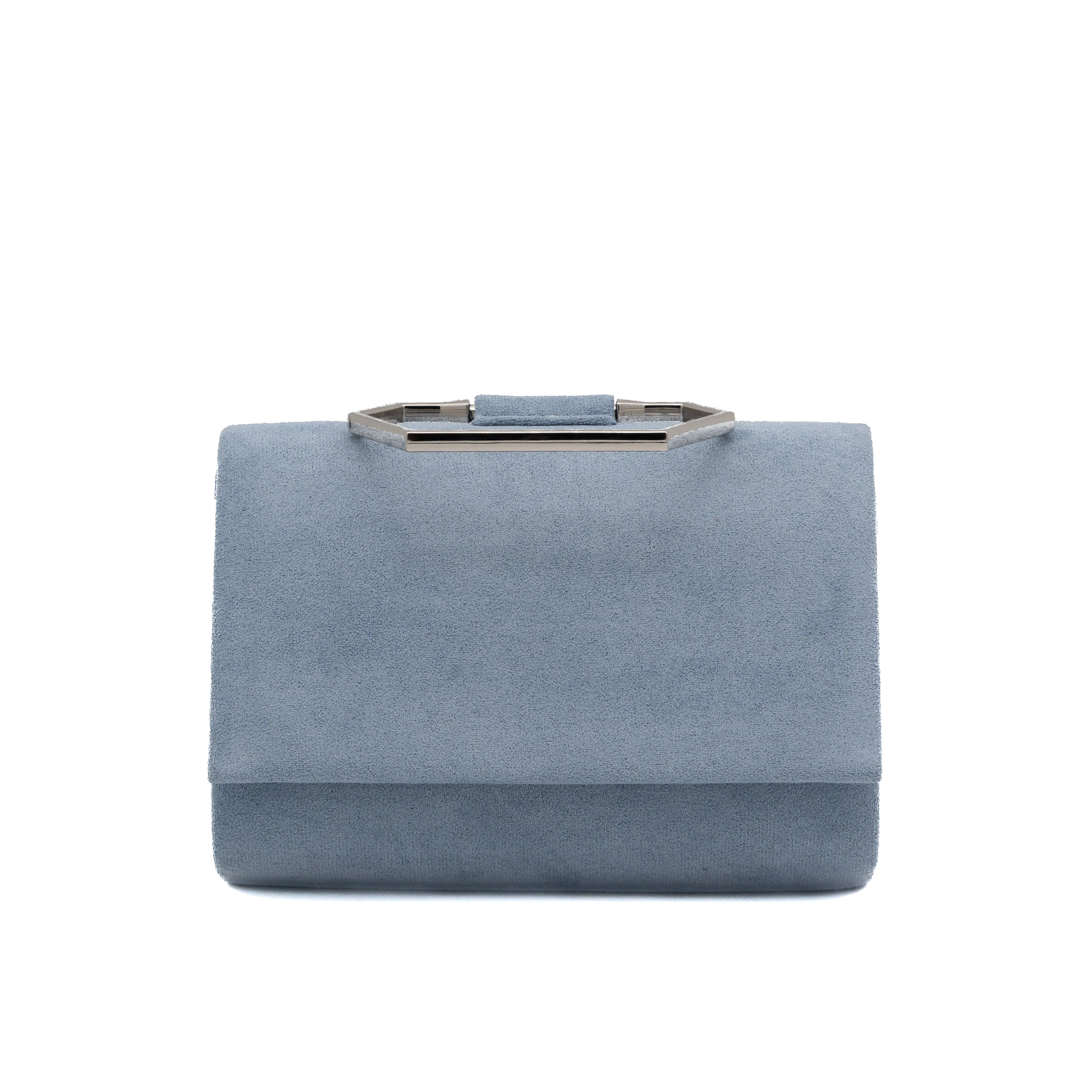 Bolso de mano de antelina azul gris con asa geométrica metálica