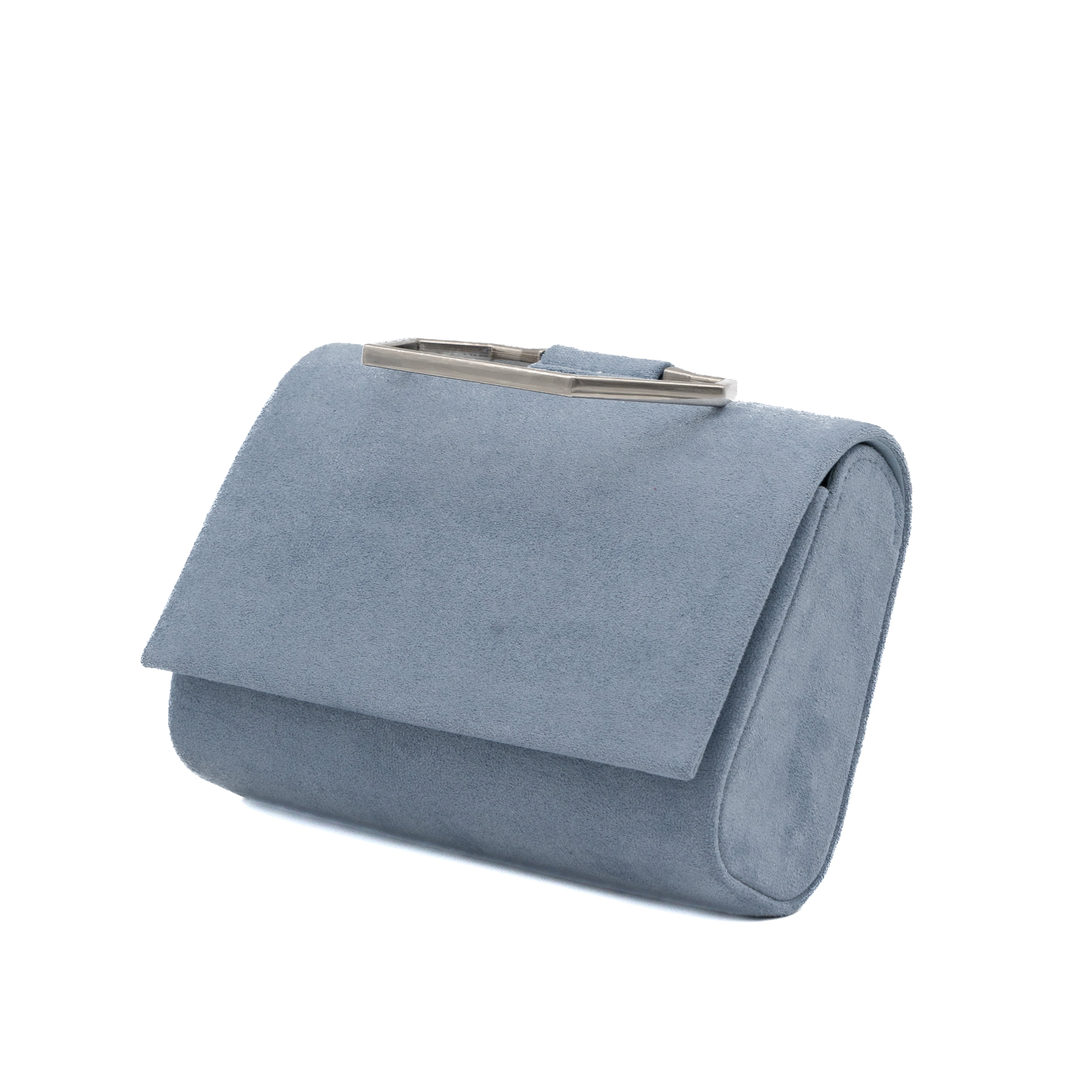 Bolso de mano de antelina azul gris con asa geométrica metálica