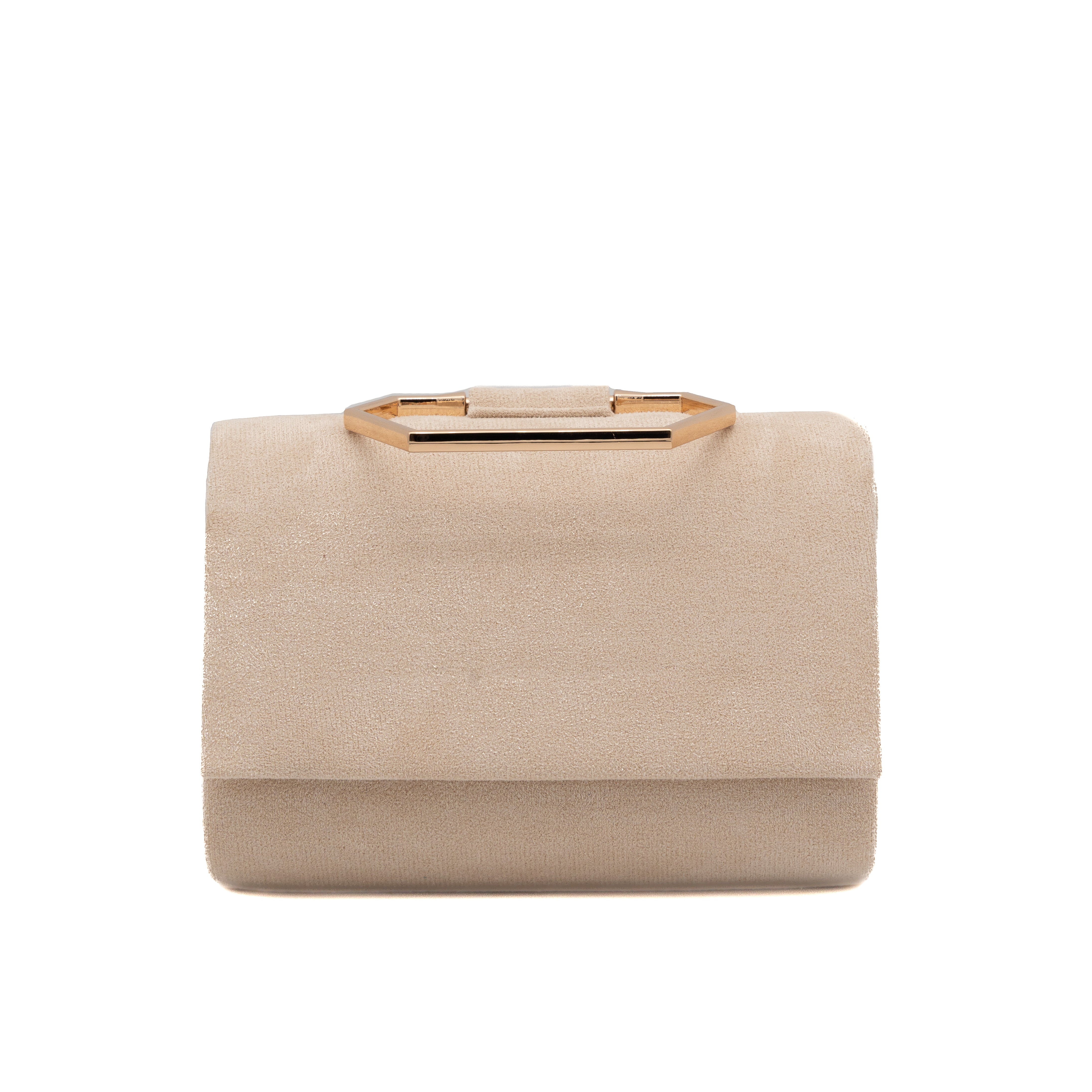 Bolso de mano de antelina beige con asa geométrica metálica