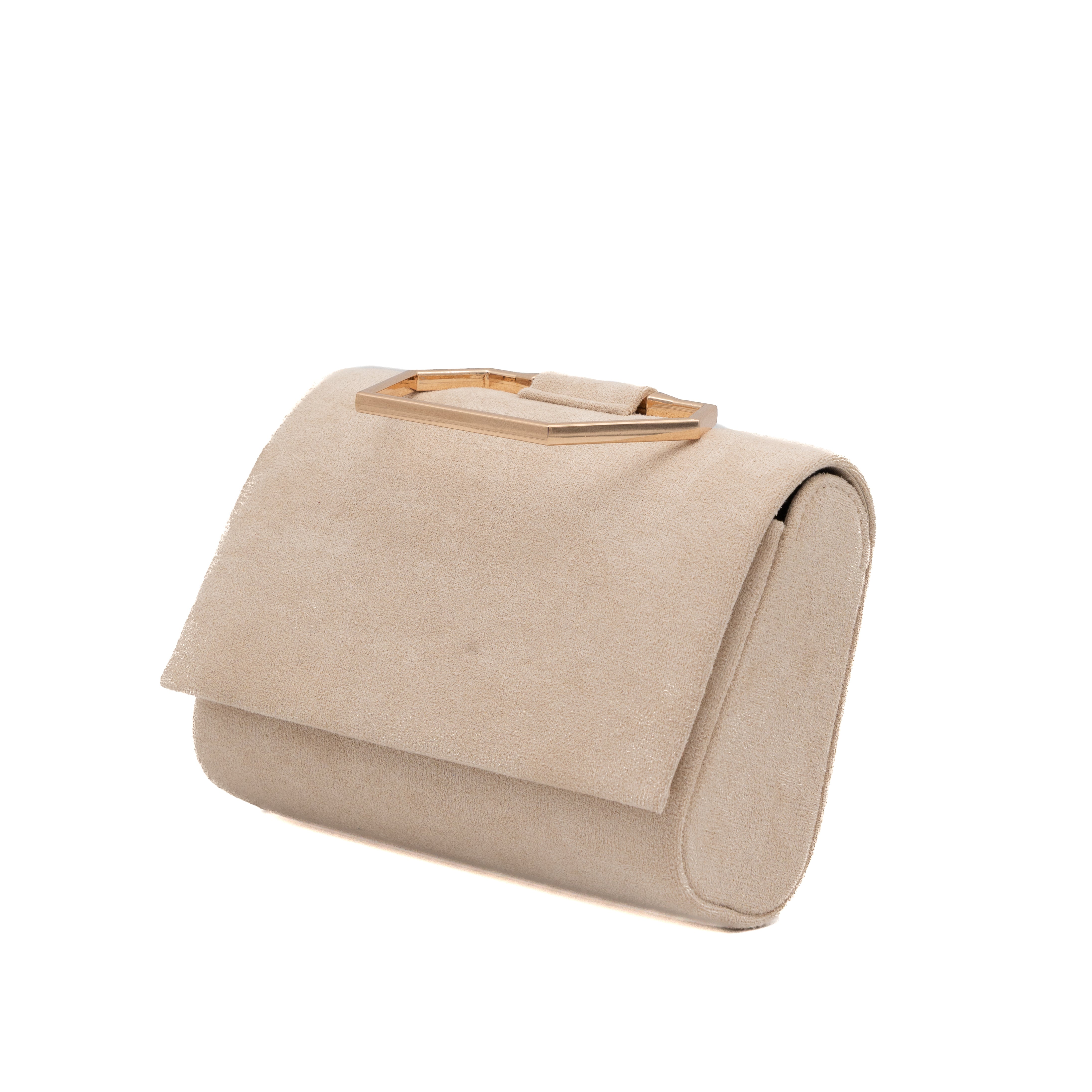 Bolso de mano de antelina beige con asa geométrica metálica