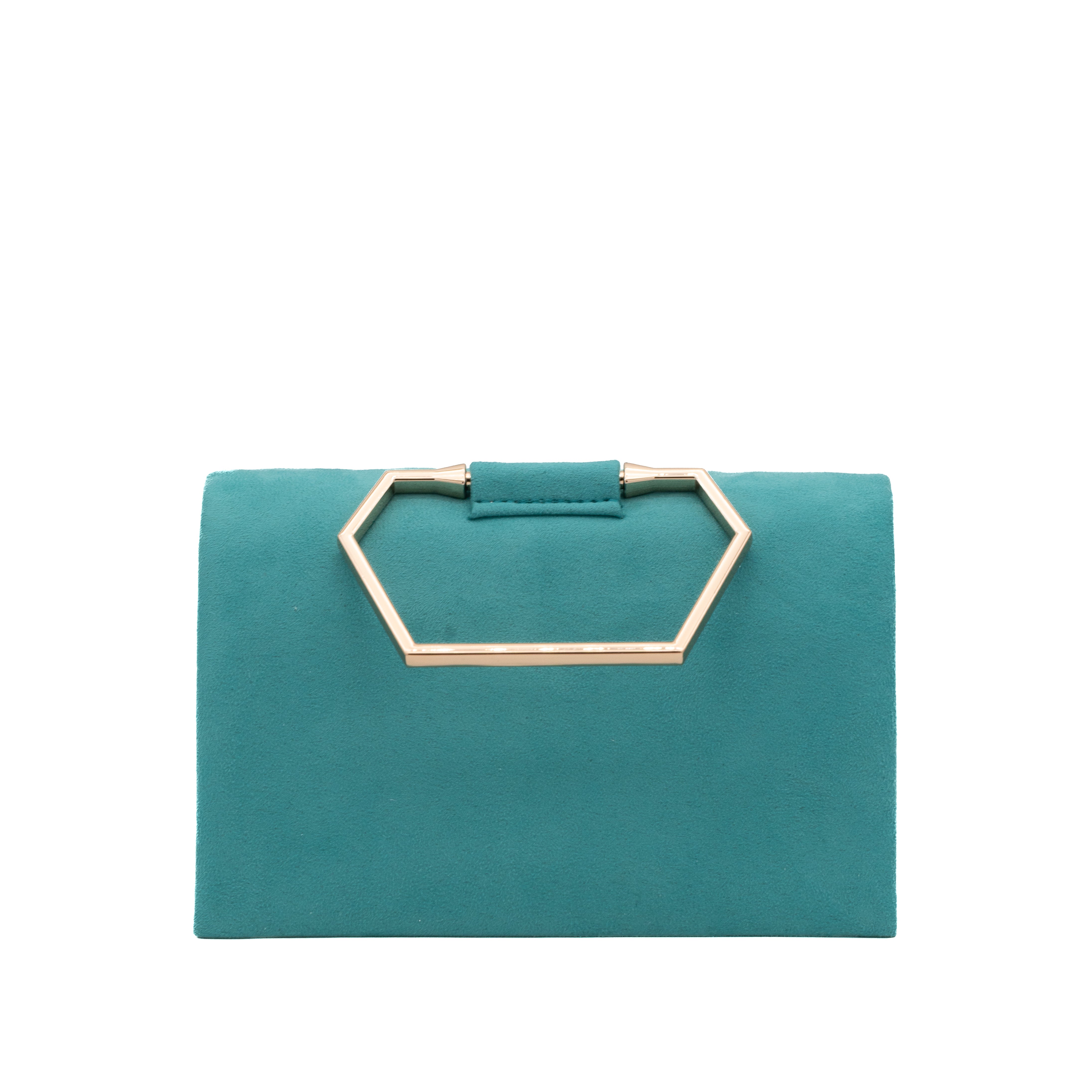 Bolso de mano de antelina esmeralda con asa geométrica metálica