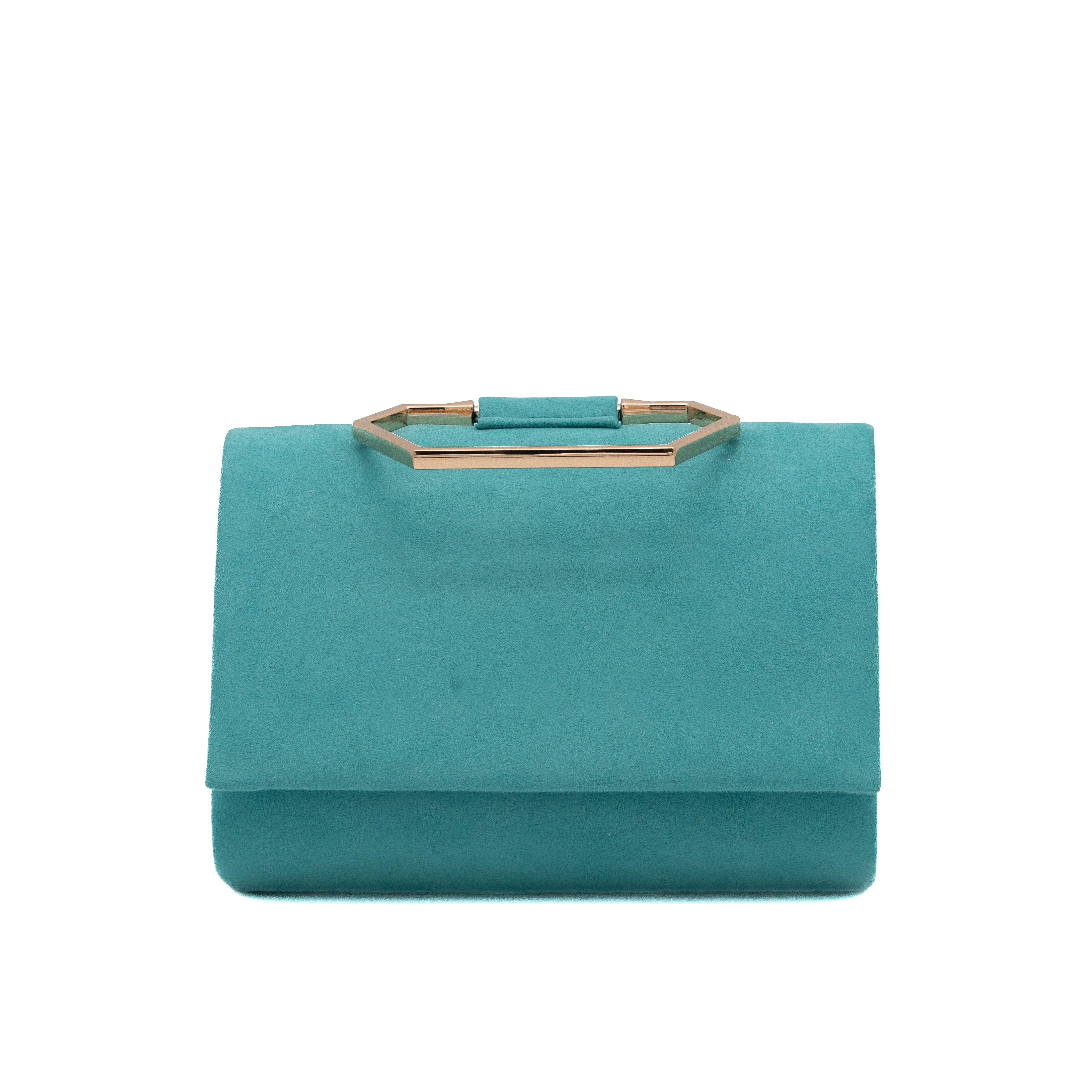 Bolso de mano de antelina esmeralda con asa geométrica metálica