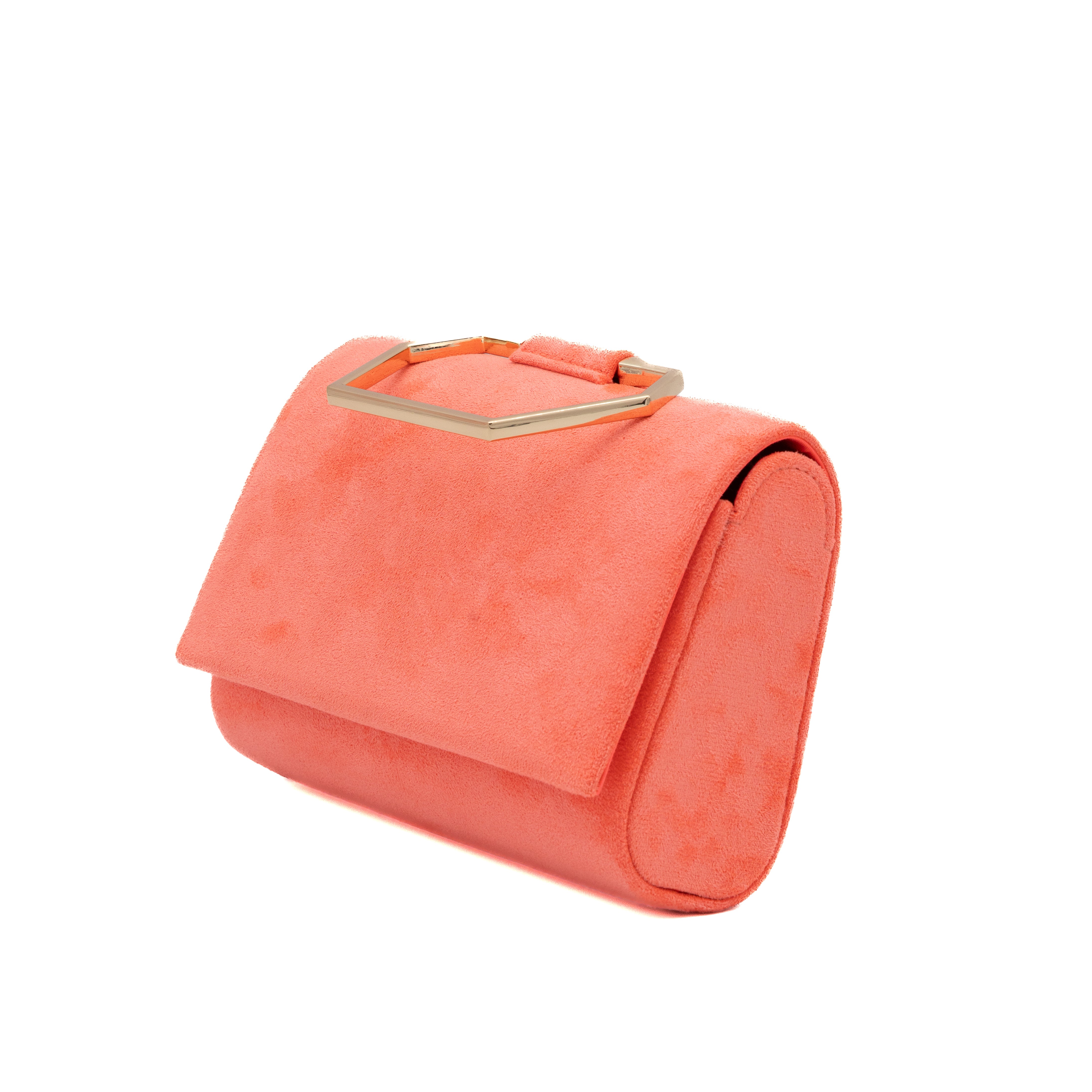 Bolso de mano de antelina coral con asa geométrica metálica