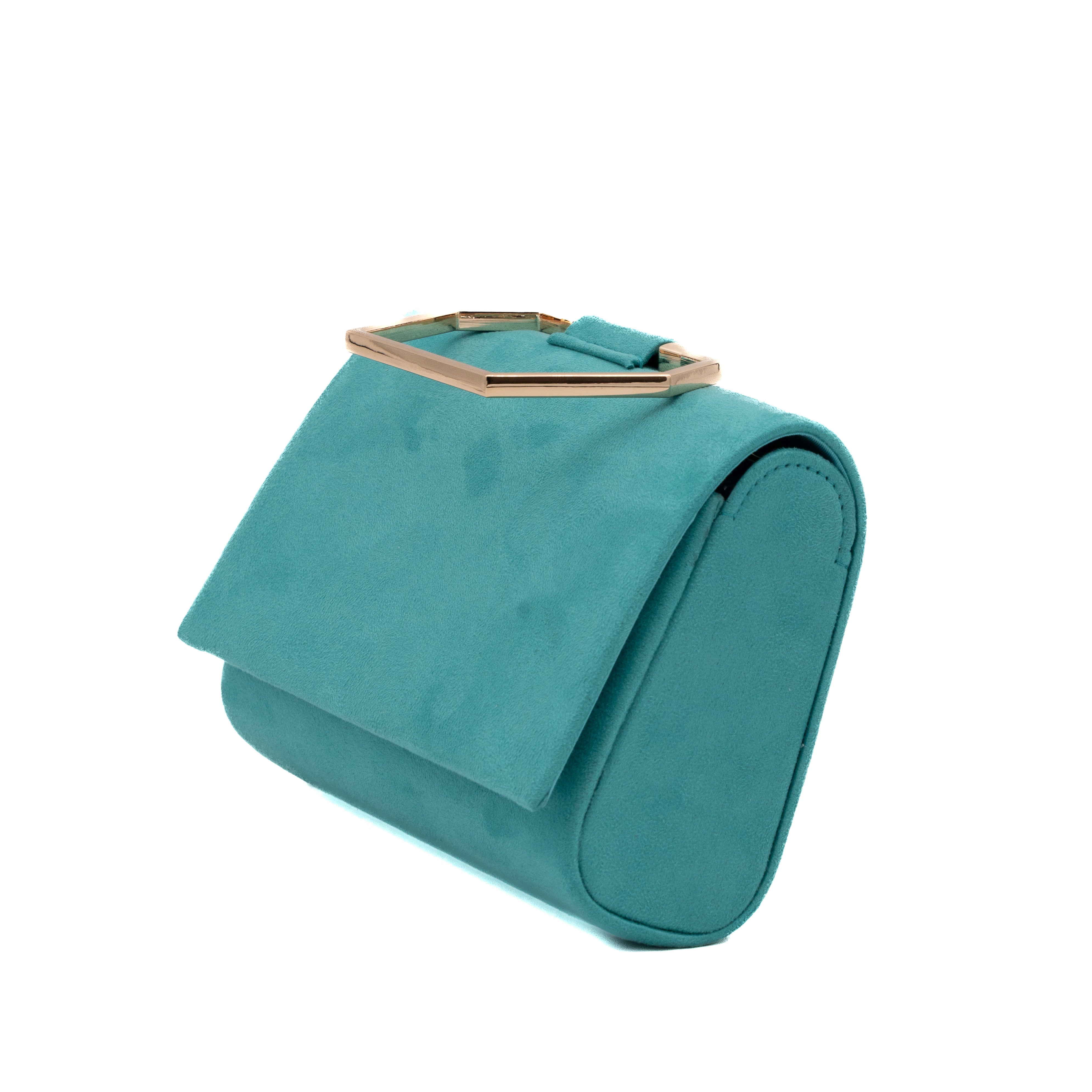 Bolso de mano de antelina esmeralda con asa geométrica metálica