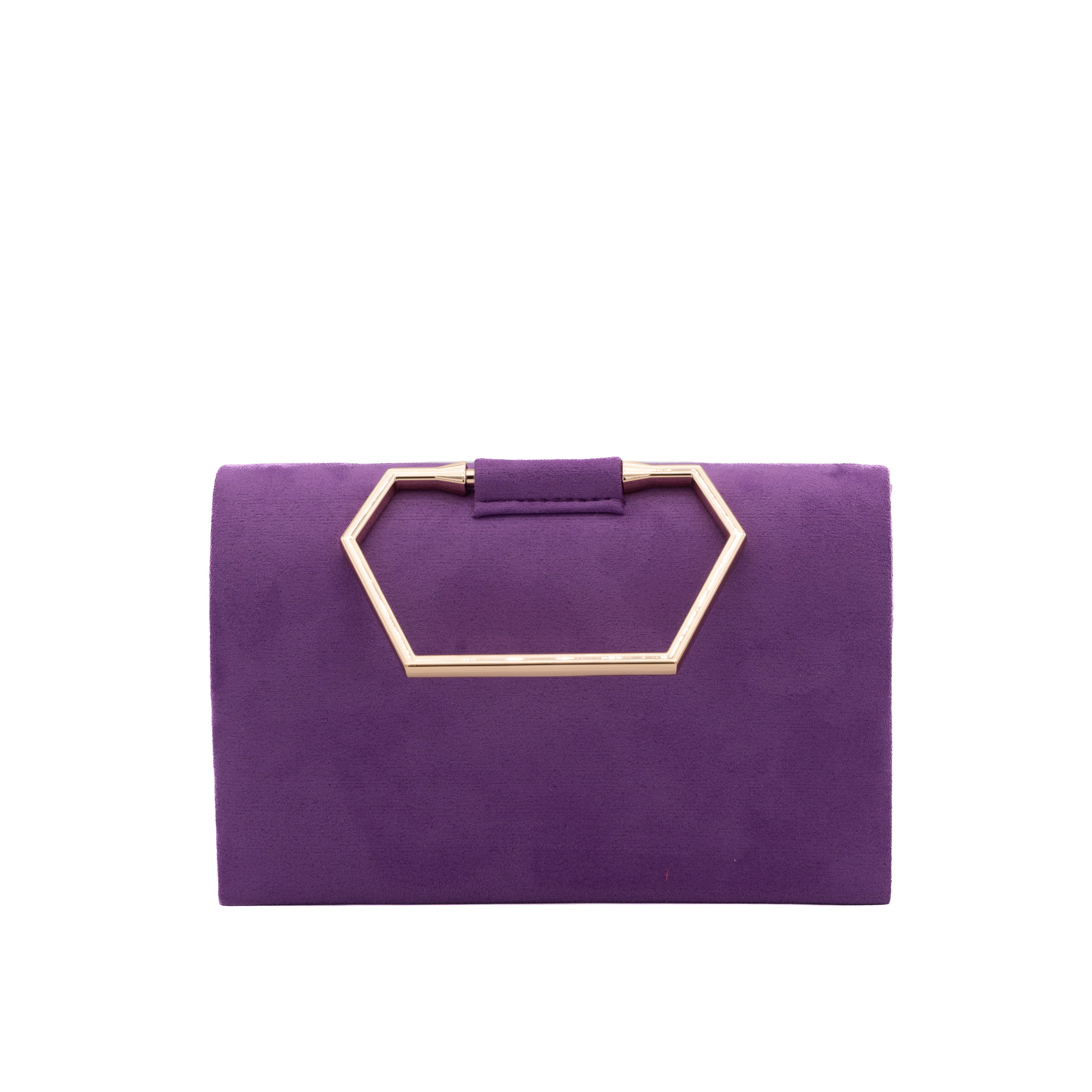 Bolso de mano de antelina violeta con asa geométrica metálica