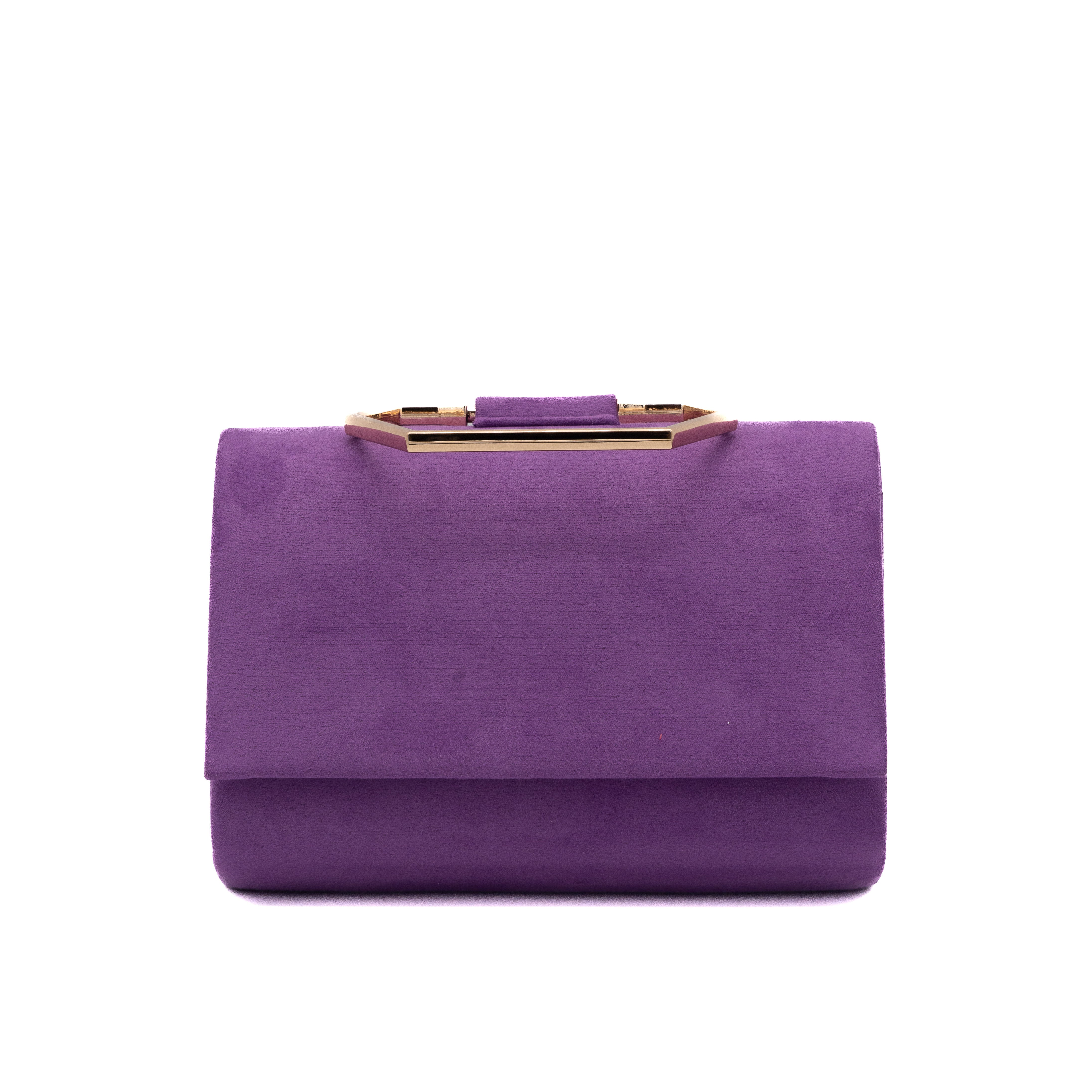 Bolso de mano de antelina violeta con asa geométrica metálica