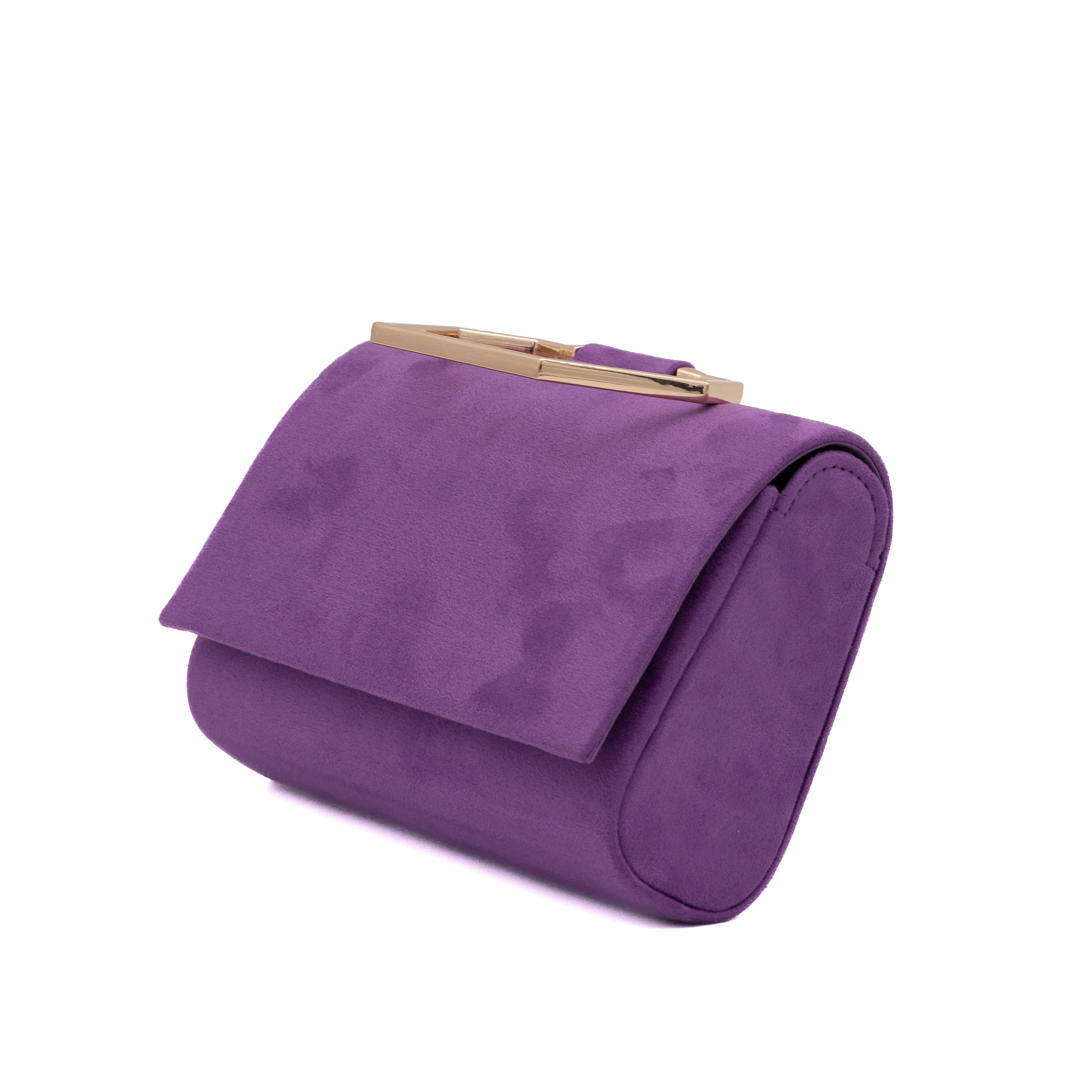 Bolso de mano de antelina violeta con asa geométrica metálica