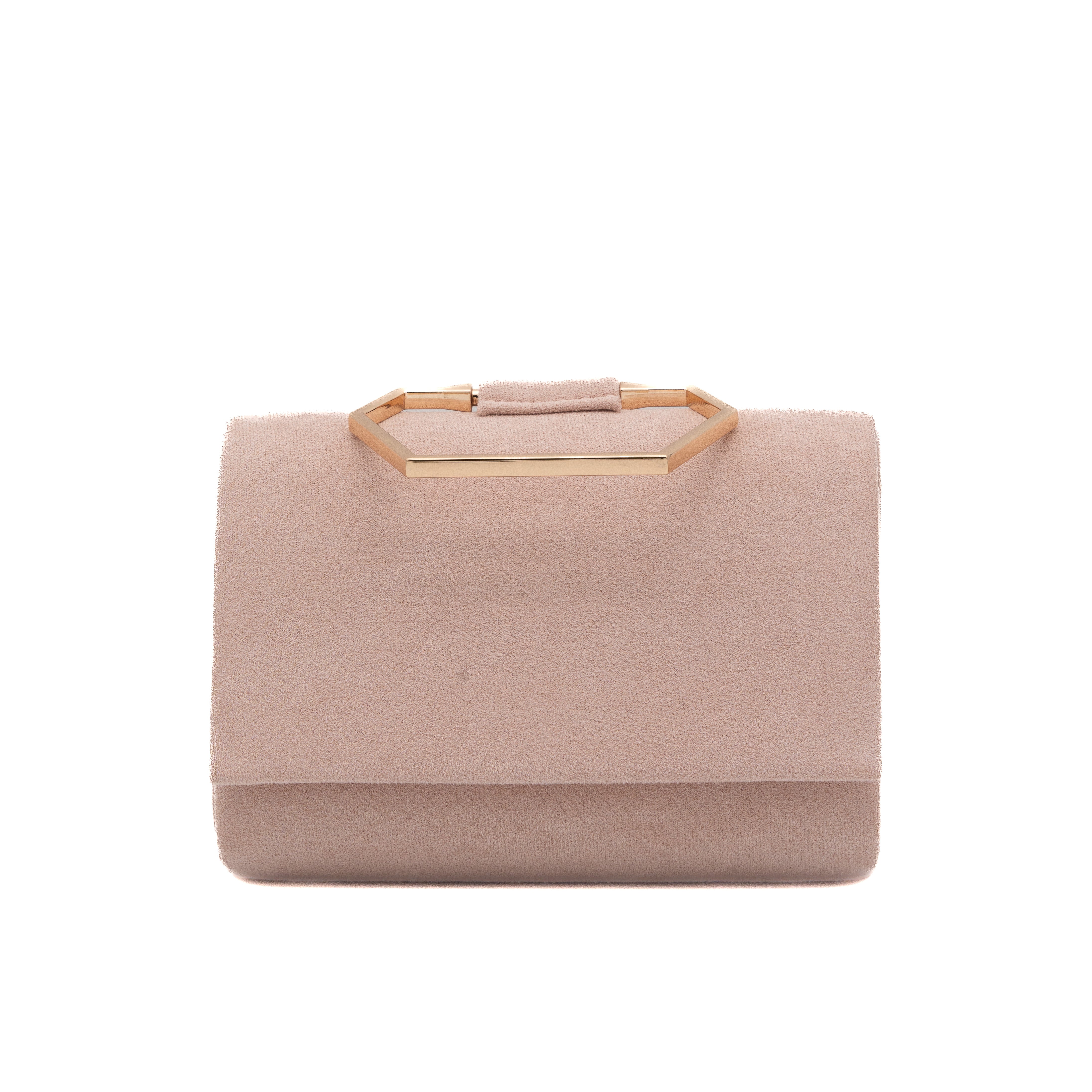 Bolso de mano de antelina rosa palo con asa geométrica metálica