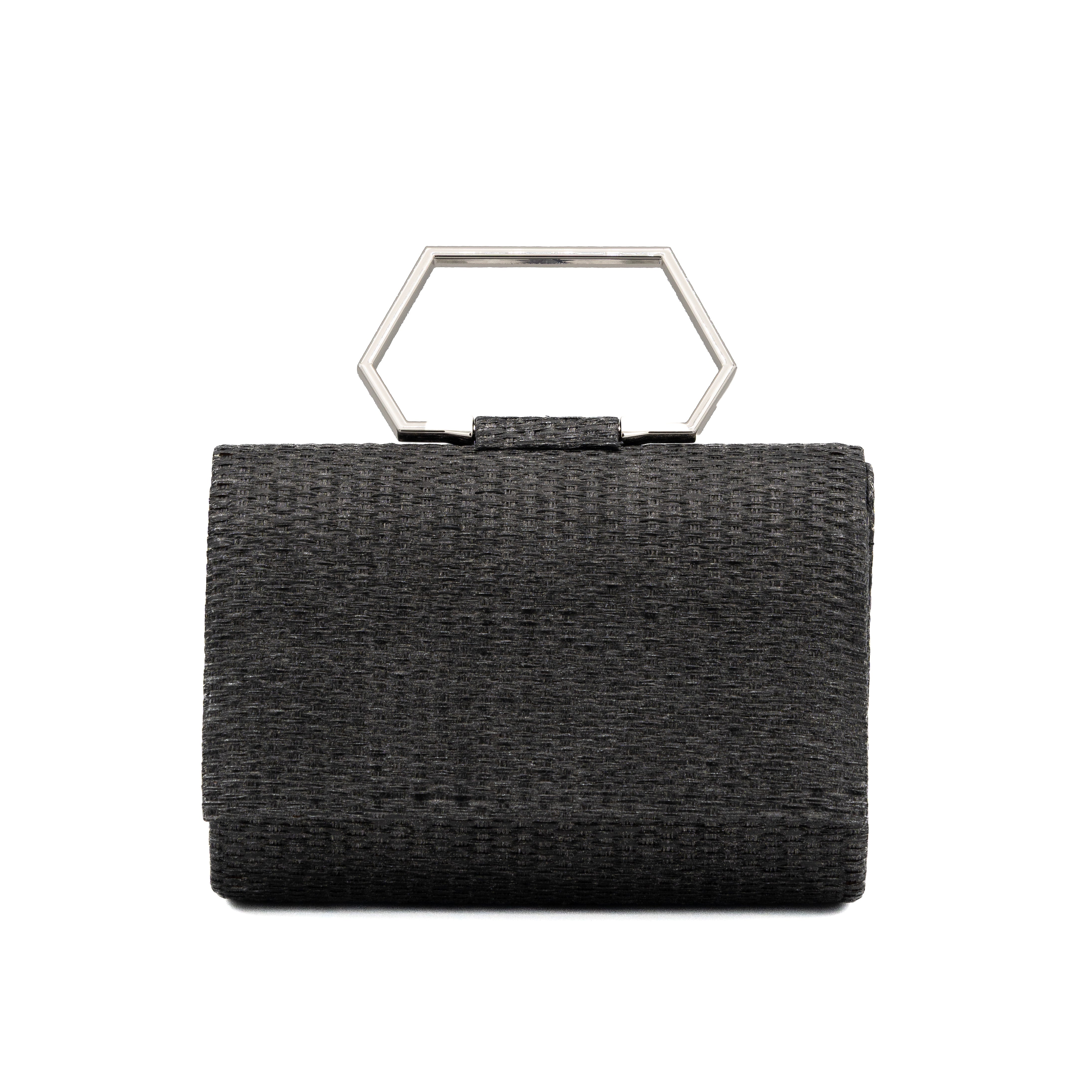 Bolso de mano de rafia negro con asa geométrica metálica