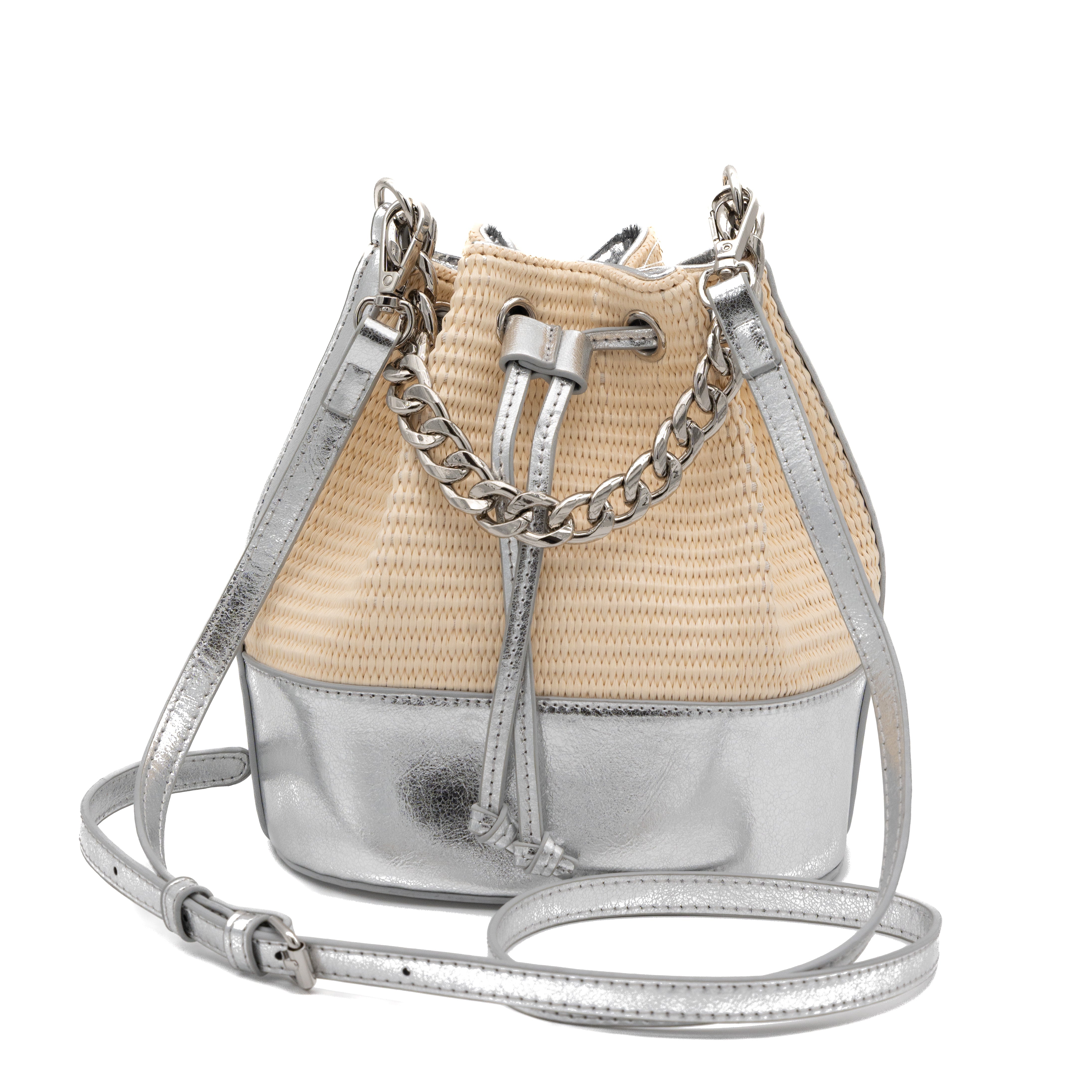 Bolso de fiesta bombonera de rafia con base polipiel metalizada plata