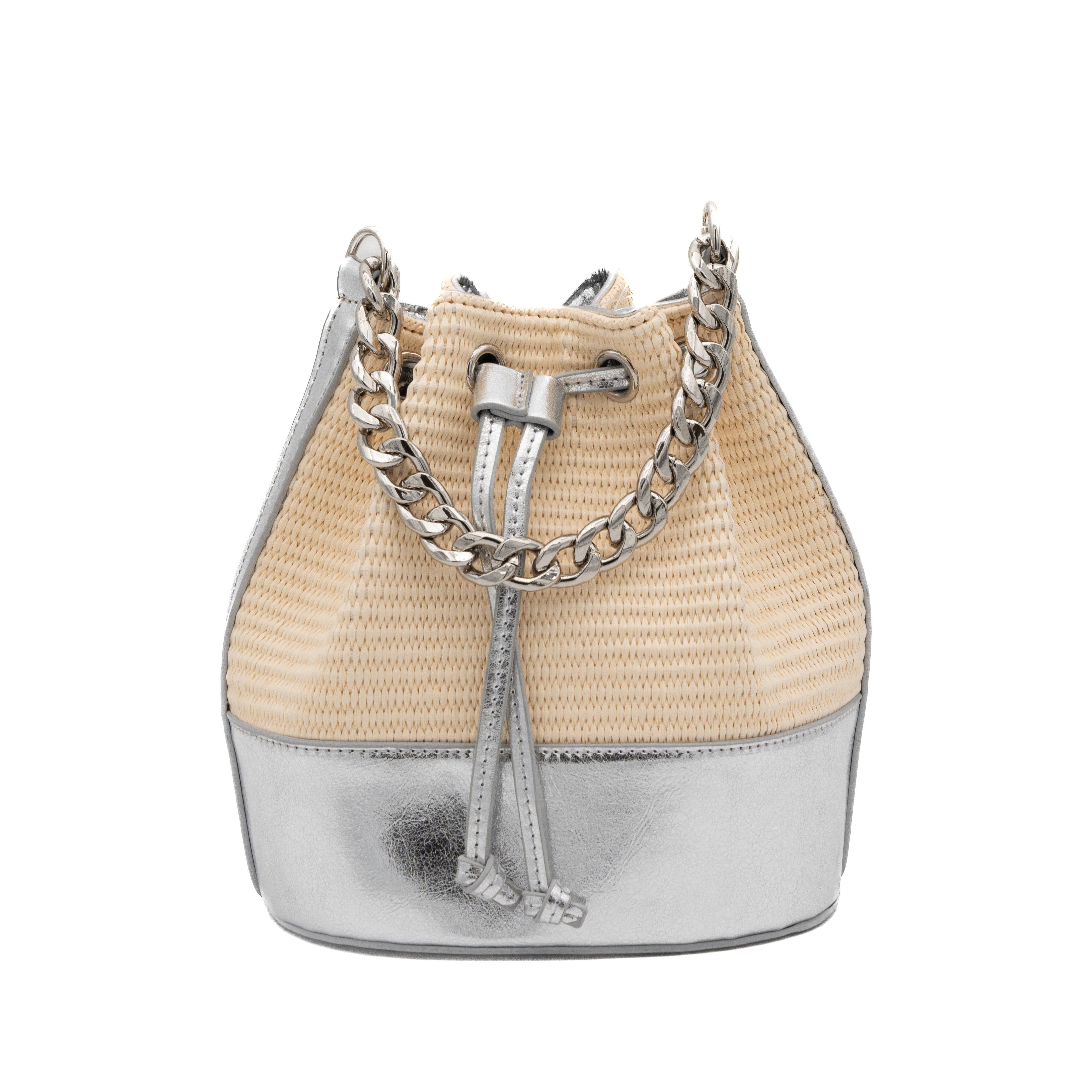 Bolso de fiesta bombonera de rafia con base polipiel metalizada plata