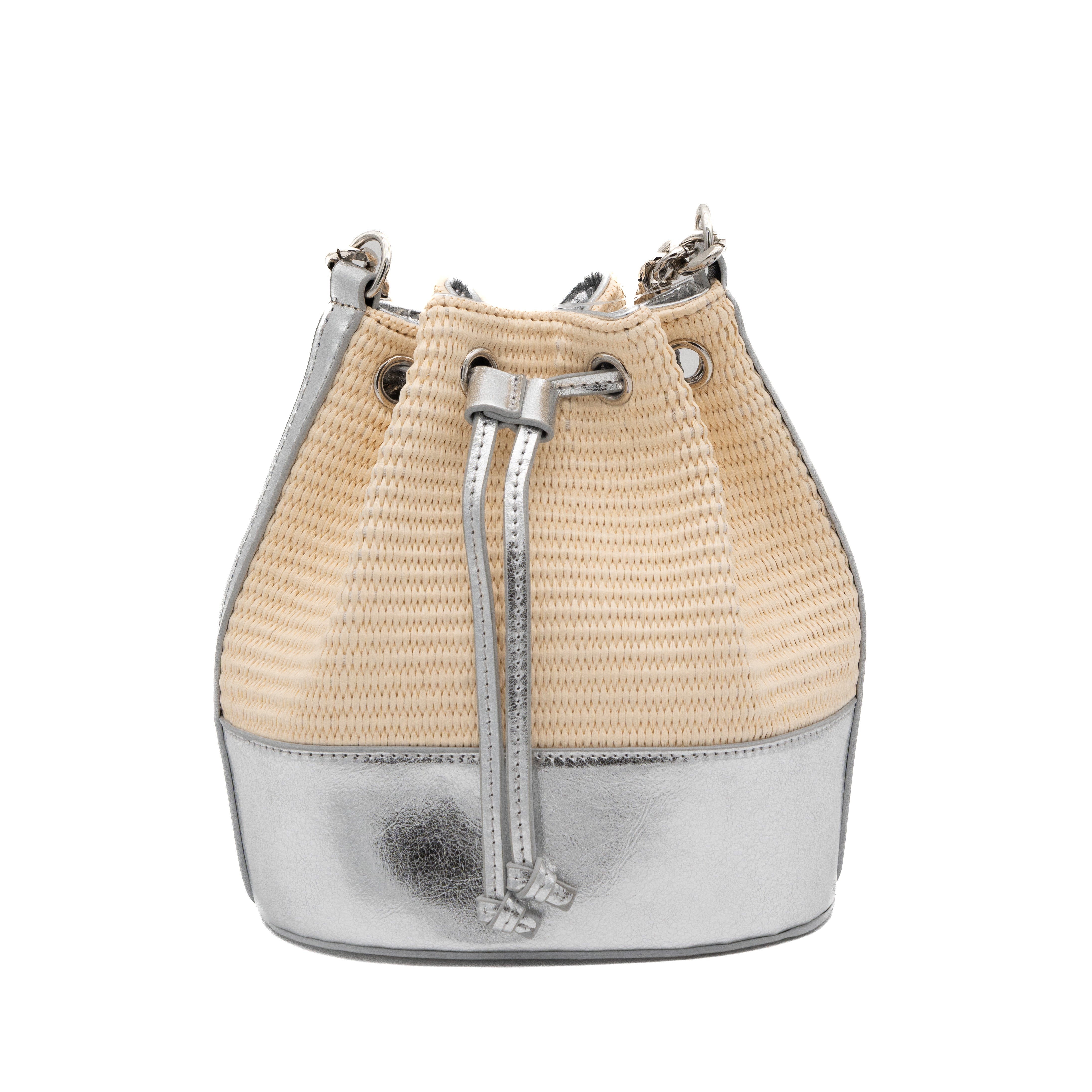 Bolso de fiesta bombonera de rafia con base polipiel metalizada plata