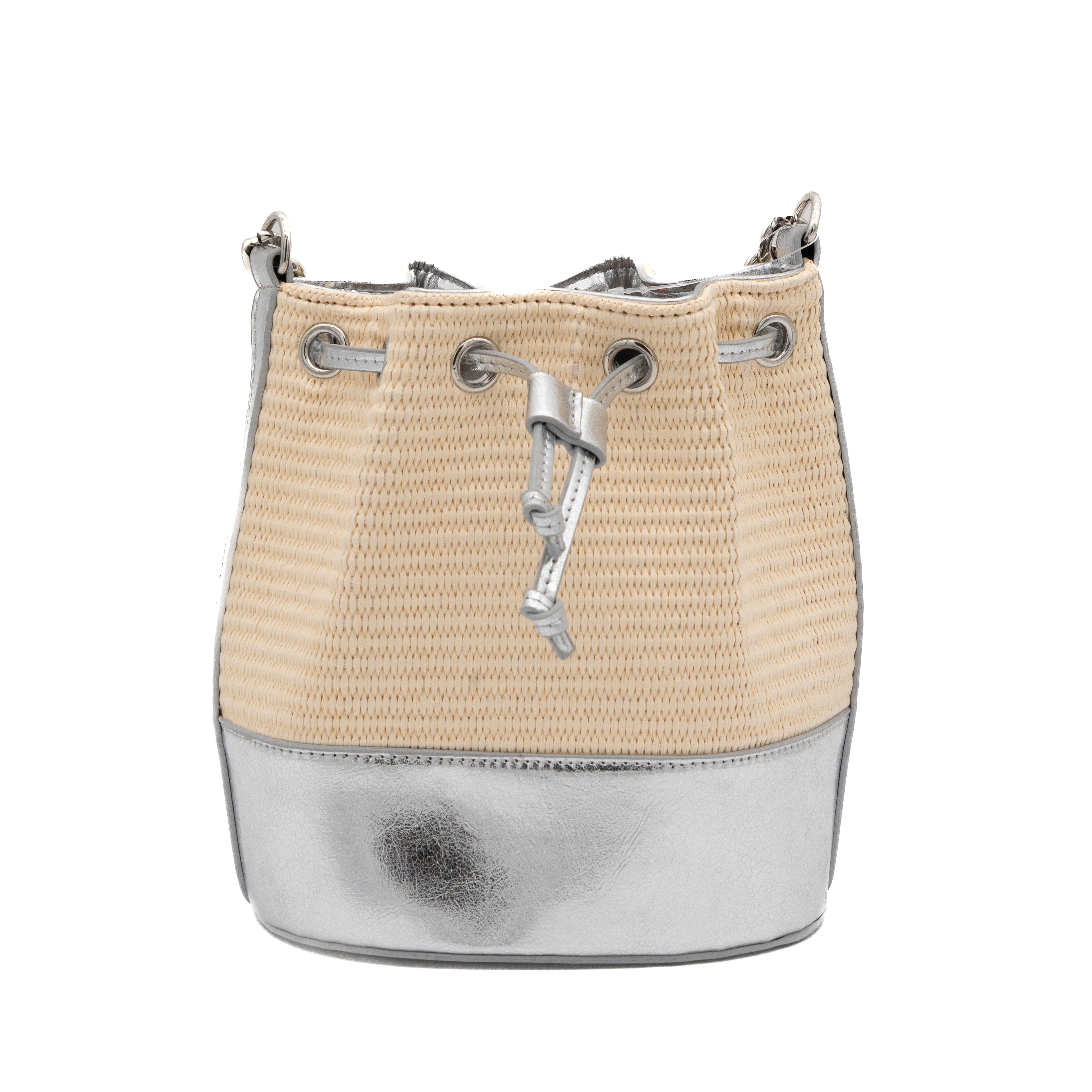 Bolso de fiesta bombonera de rafia con base polipiel metalizada plata