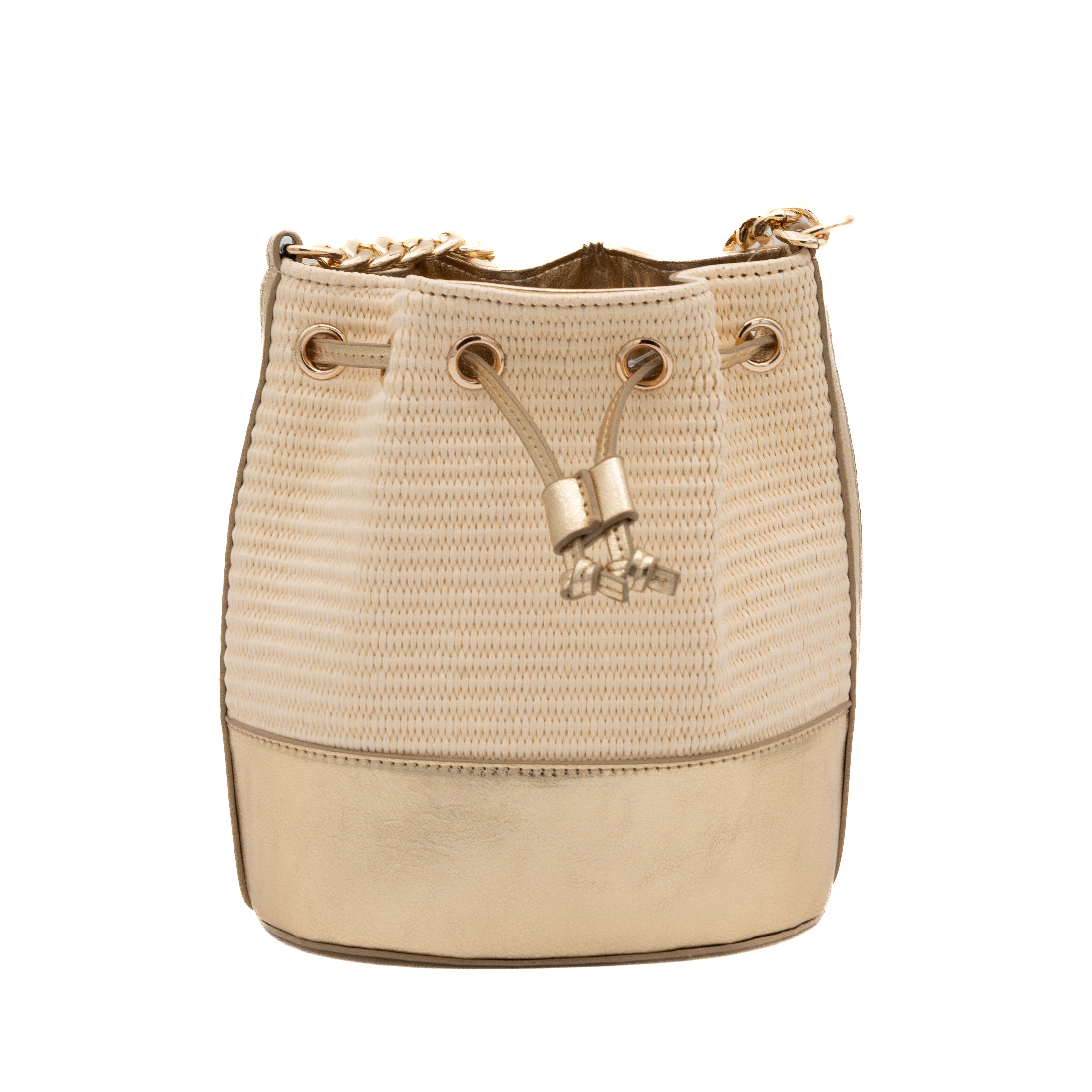 Bolso de fiesta bombonera de rafia con base polipiel metalizada oro claro