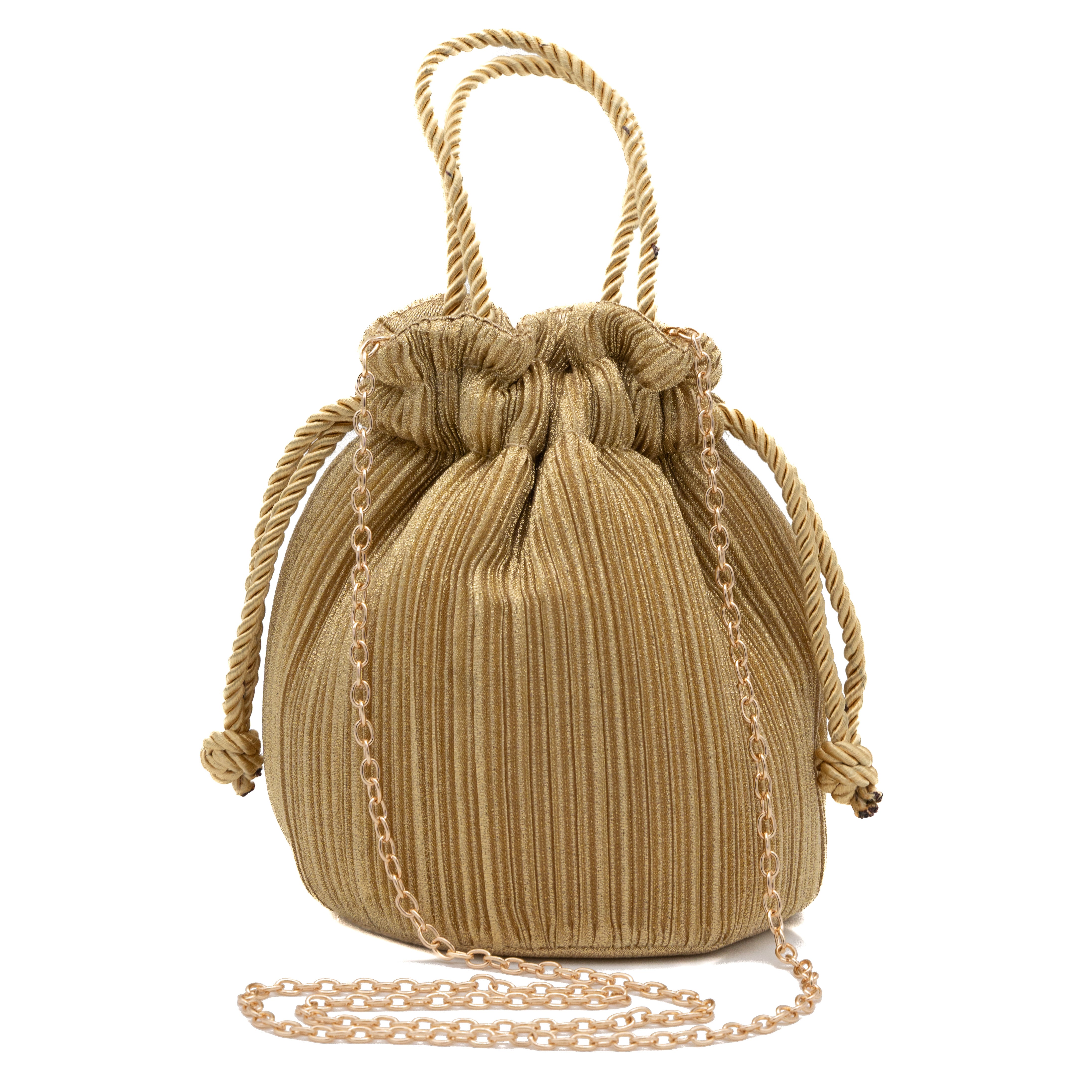 Bolso de fiesta bombonera plisada con asa de cordón oro claro