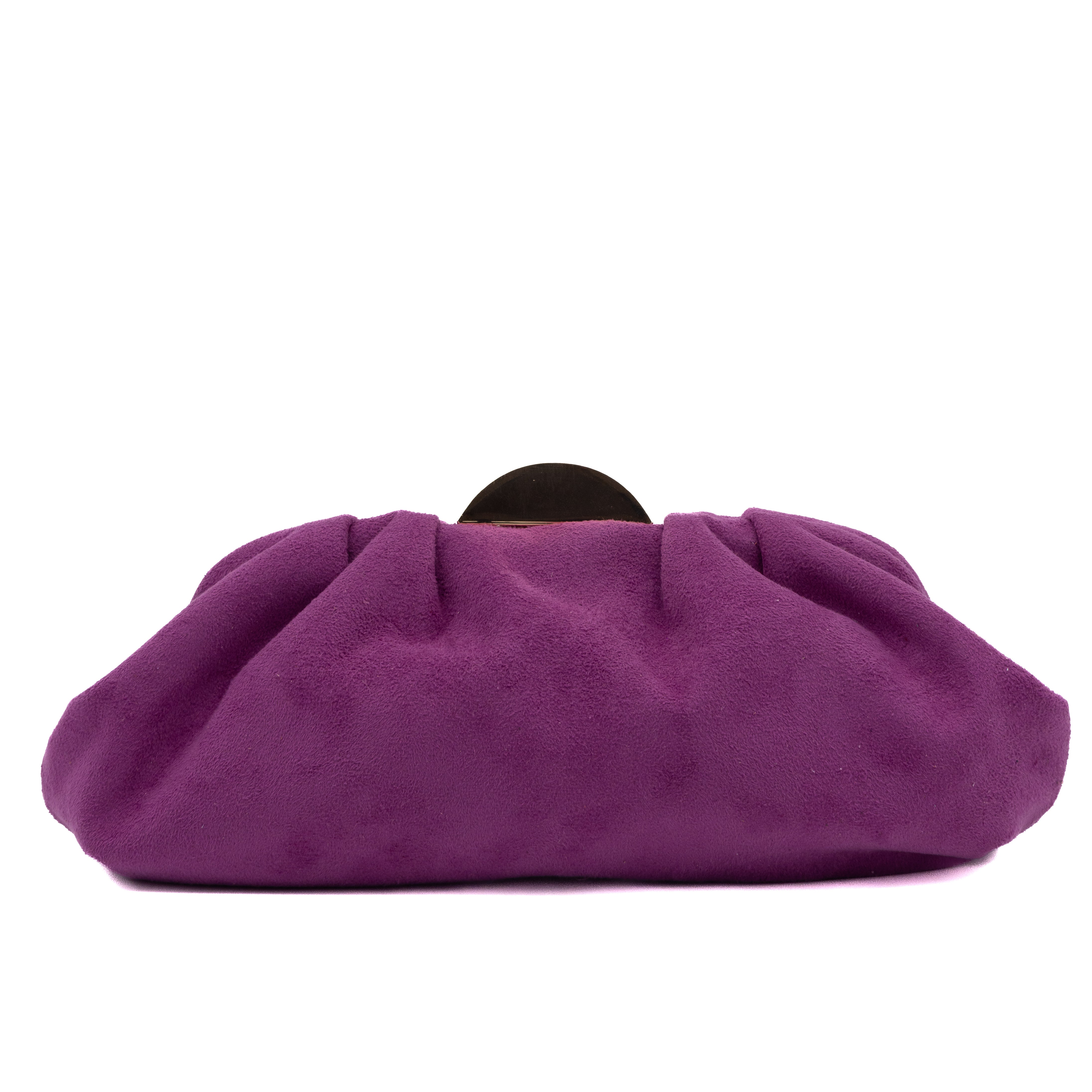 Bolso de fiesta tipo antelina buganvilla con detalle de media luna metálica