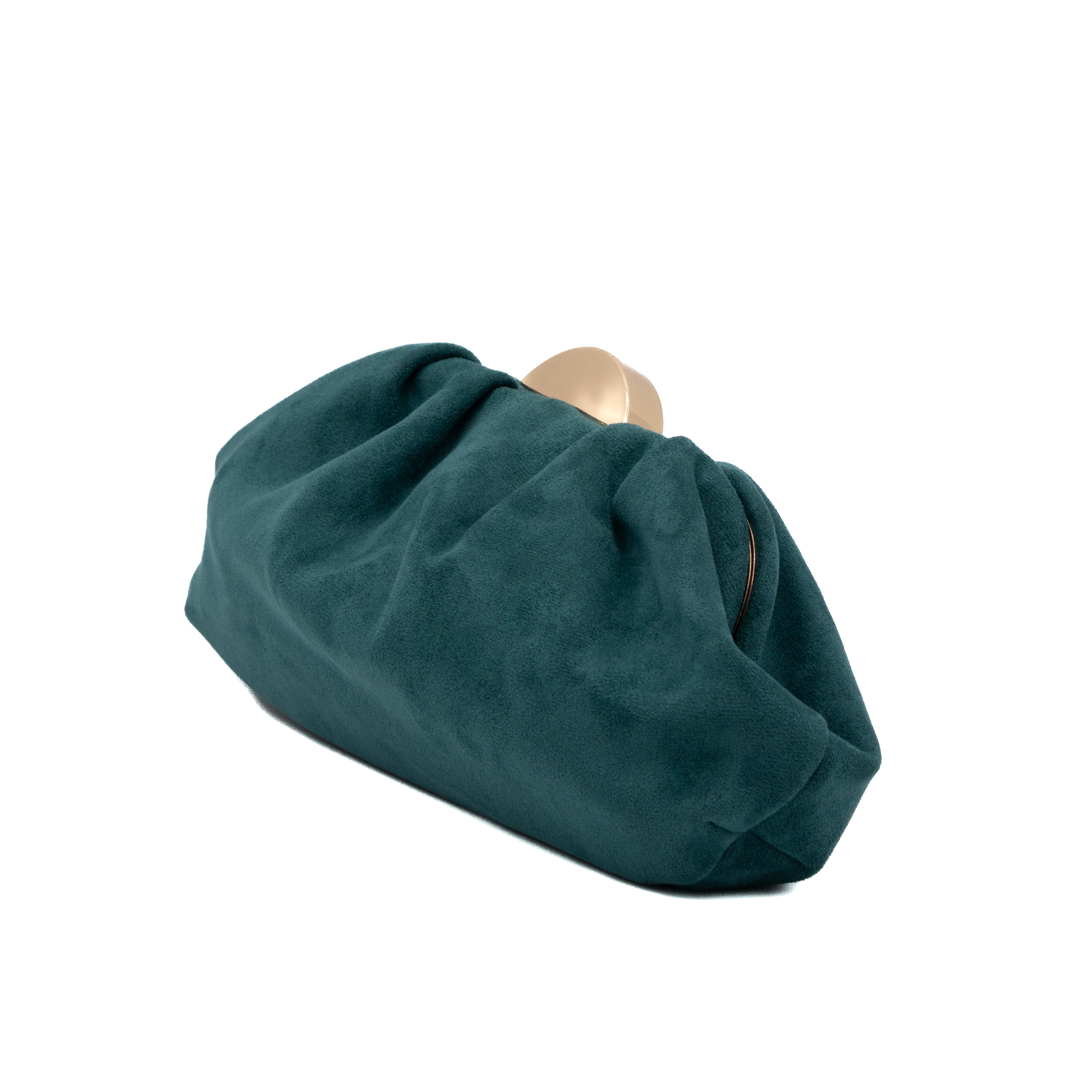 Bolso de fiesta tipo antelina teal con detalle de media luna metálica