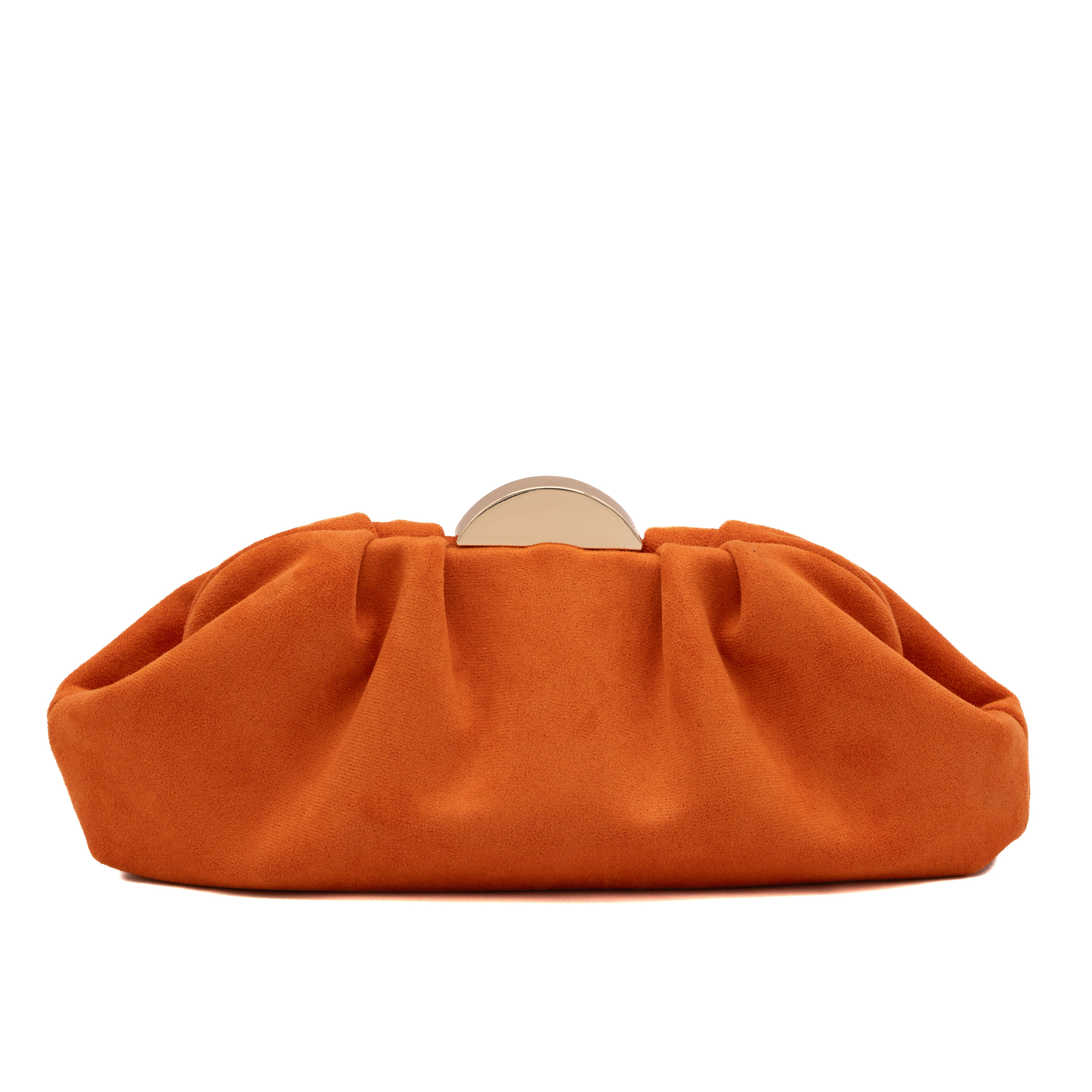 Bolso de fiesta tipo antelina naranja con detalle de media luna metálica