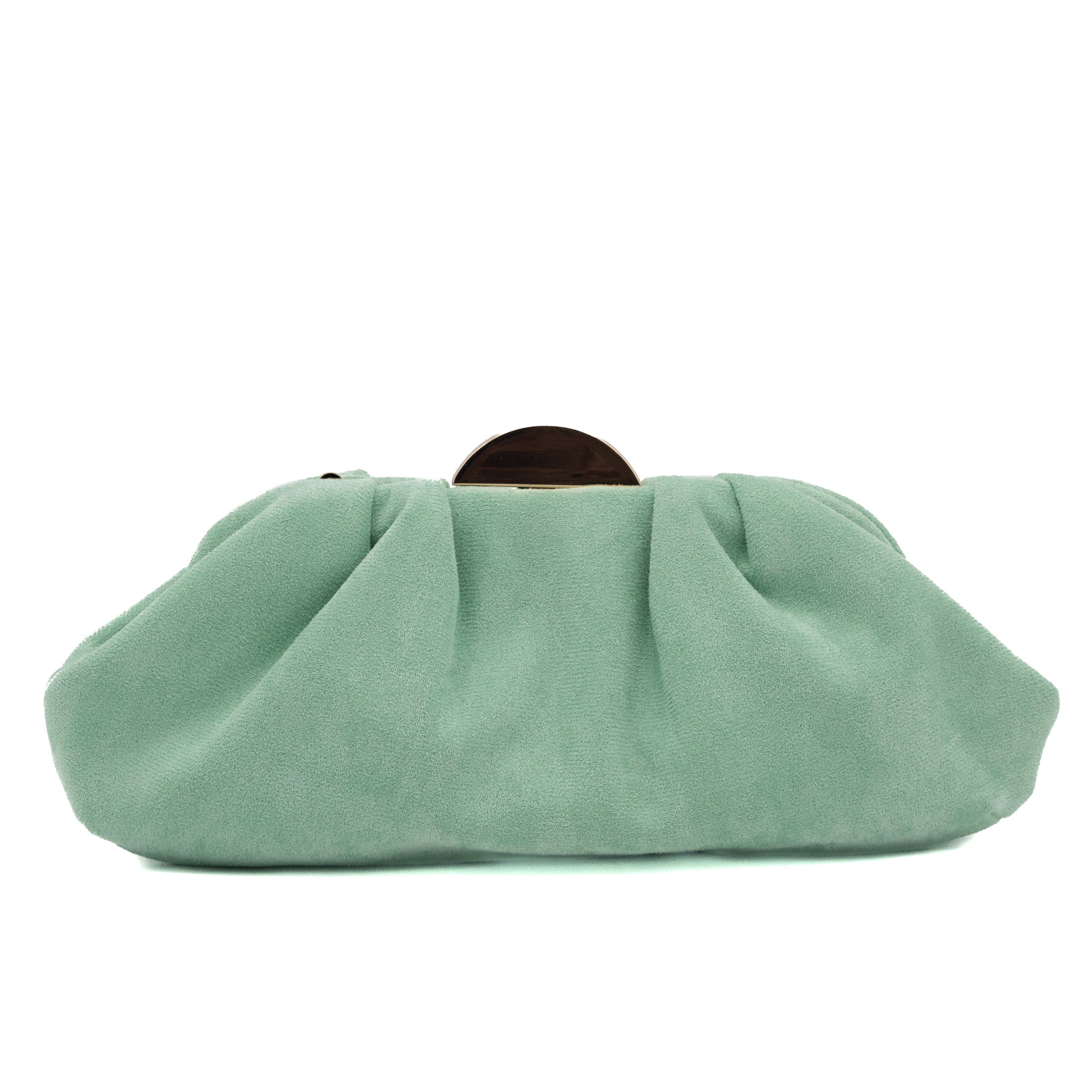 Bolso de fiesta tipo antelina verde agua con detalle de media luna metálica