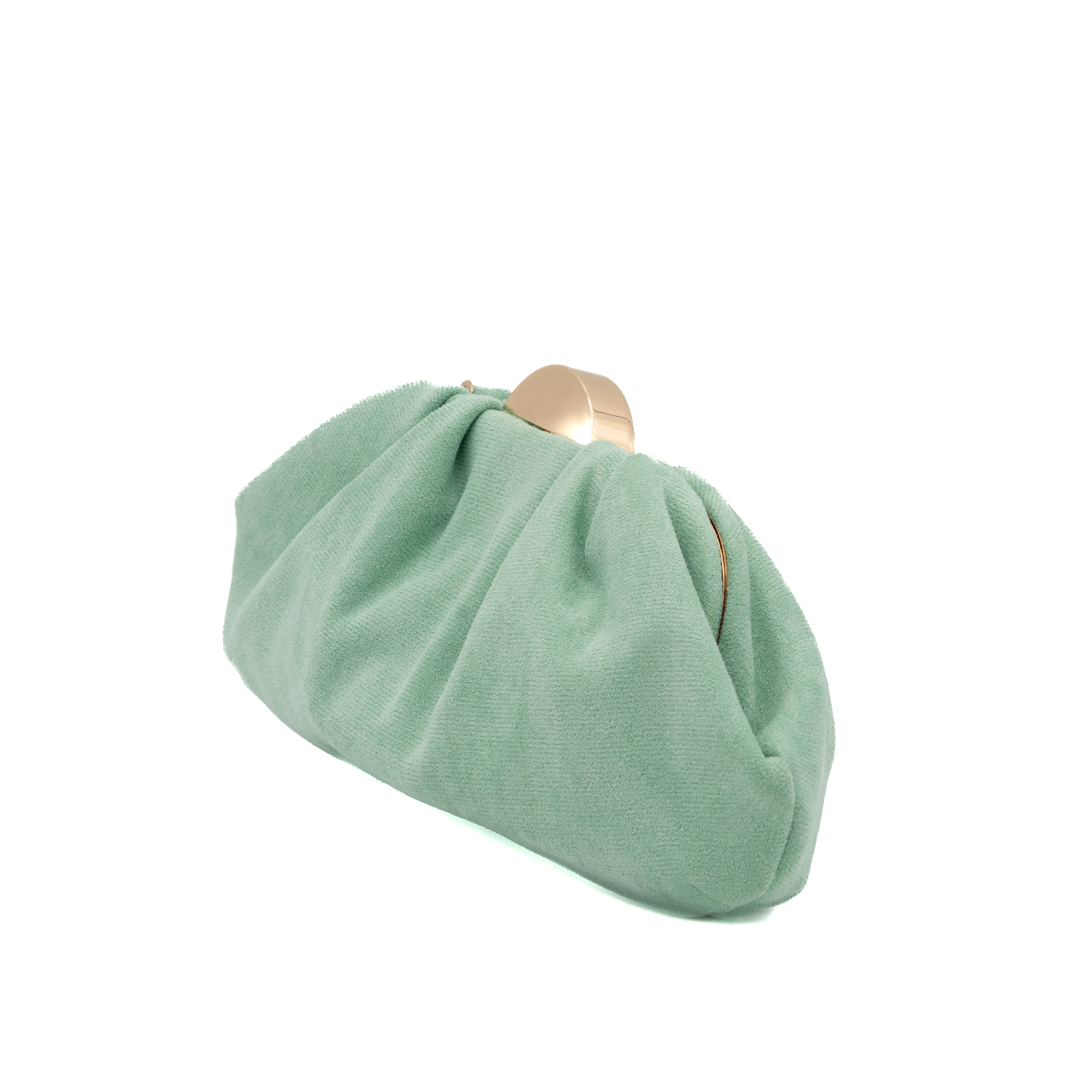 Bolso de fiesta tipo antelina verde agua con detalle de media luna metálica